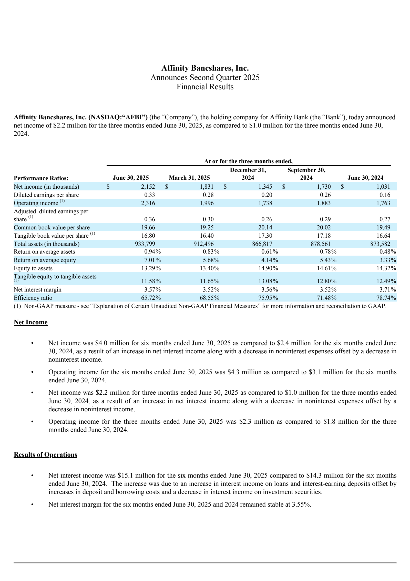 Affinity Bancshares' Q2 2025 Press Release
