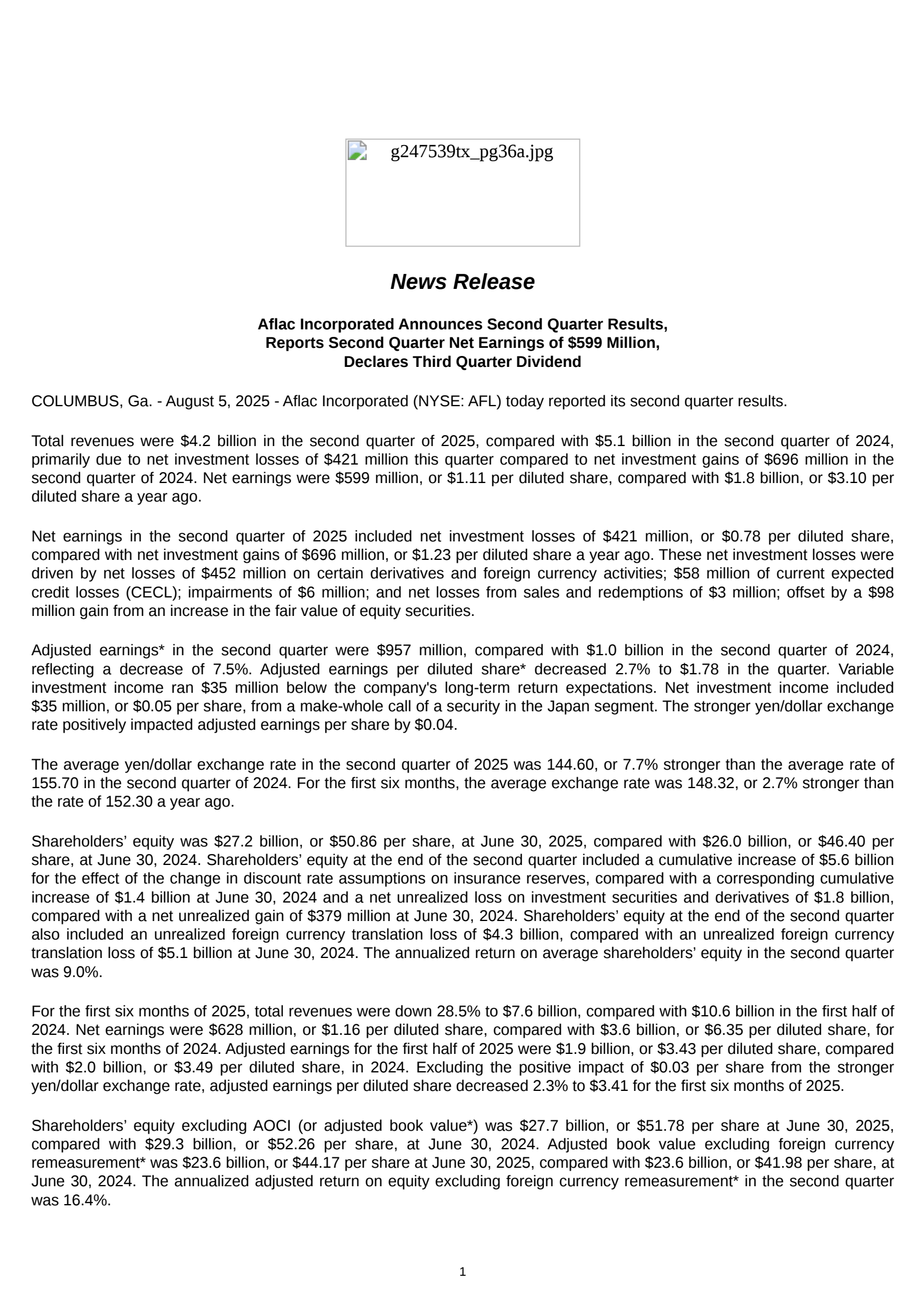 Aflac's Q2 2025 Press Release