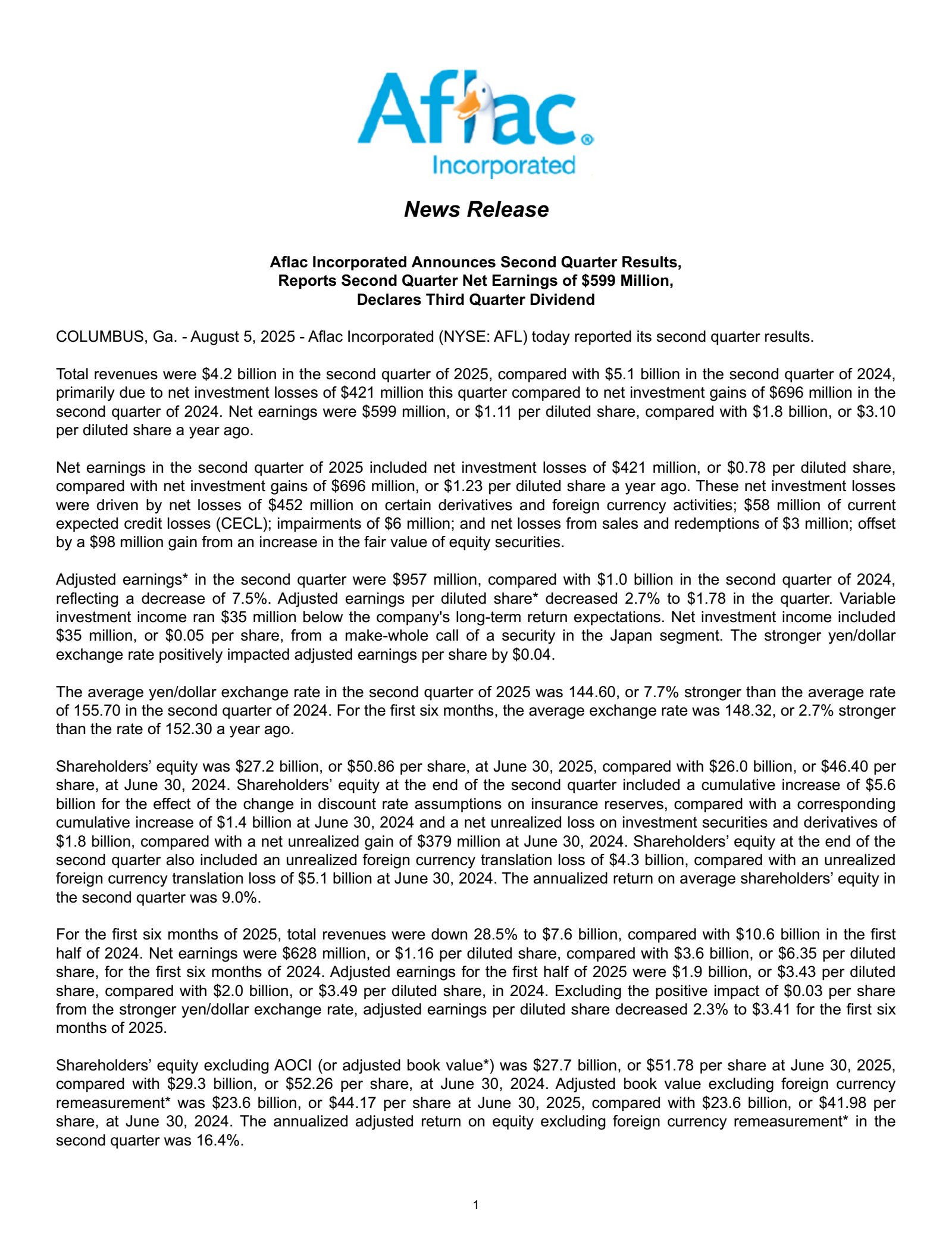 Aflac's Q2 2025 Earnings Release