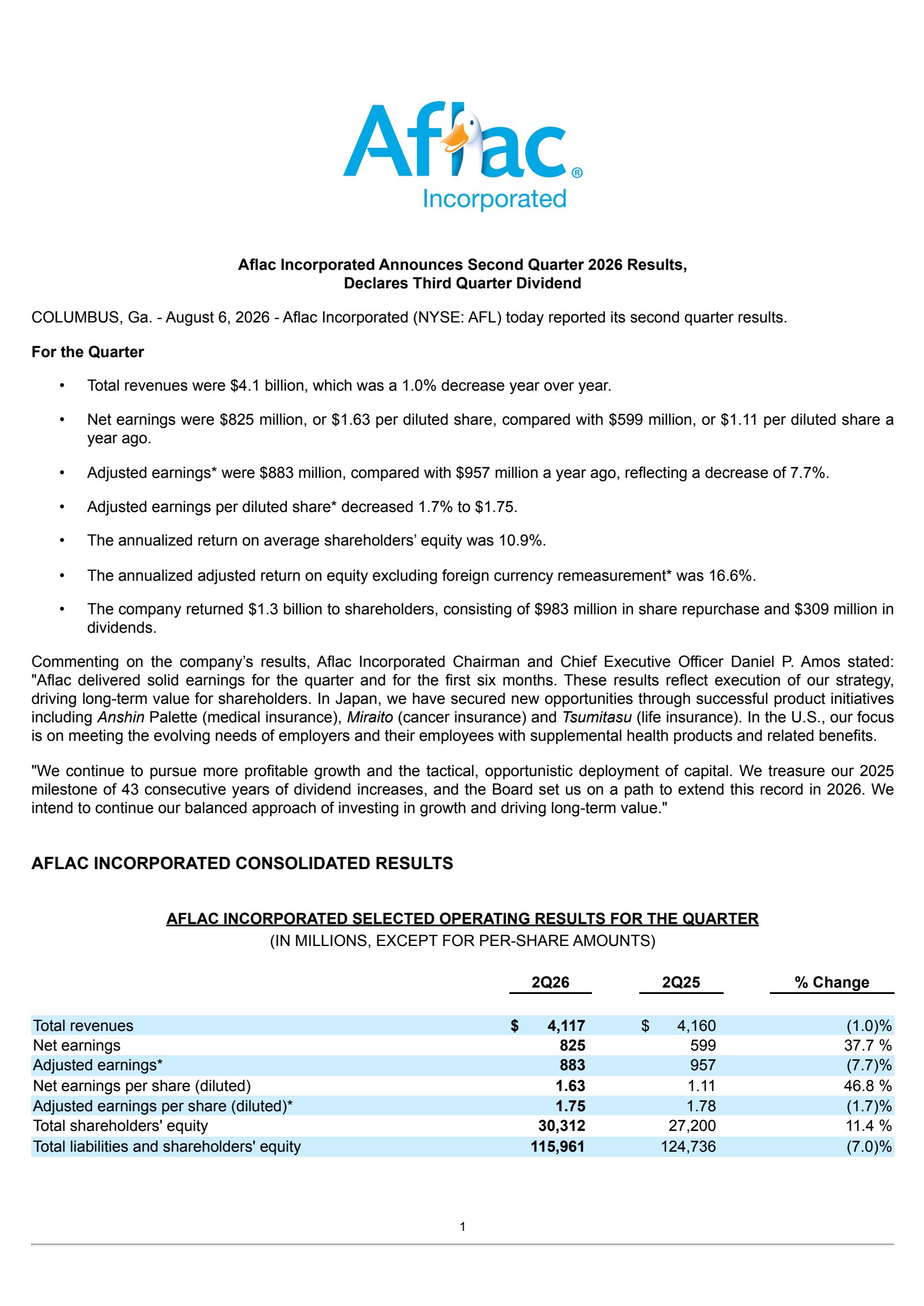 Aflac's Q2 2026 Press Release