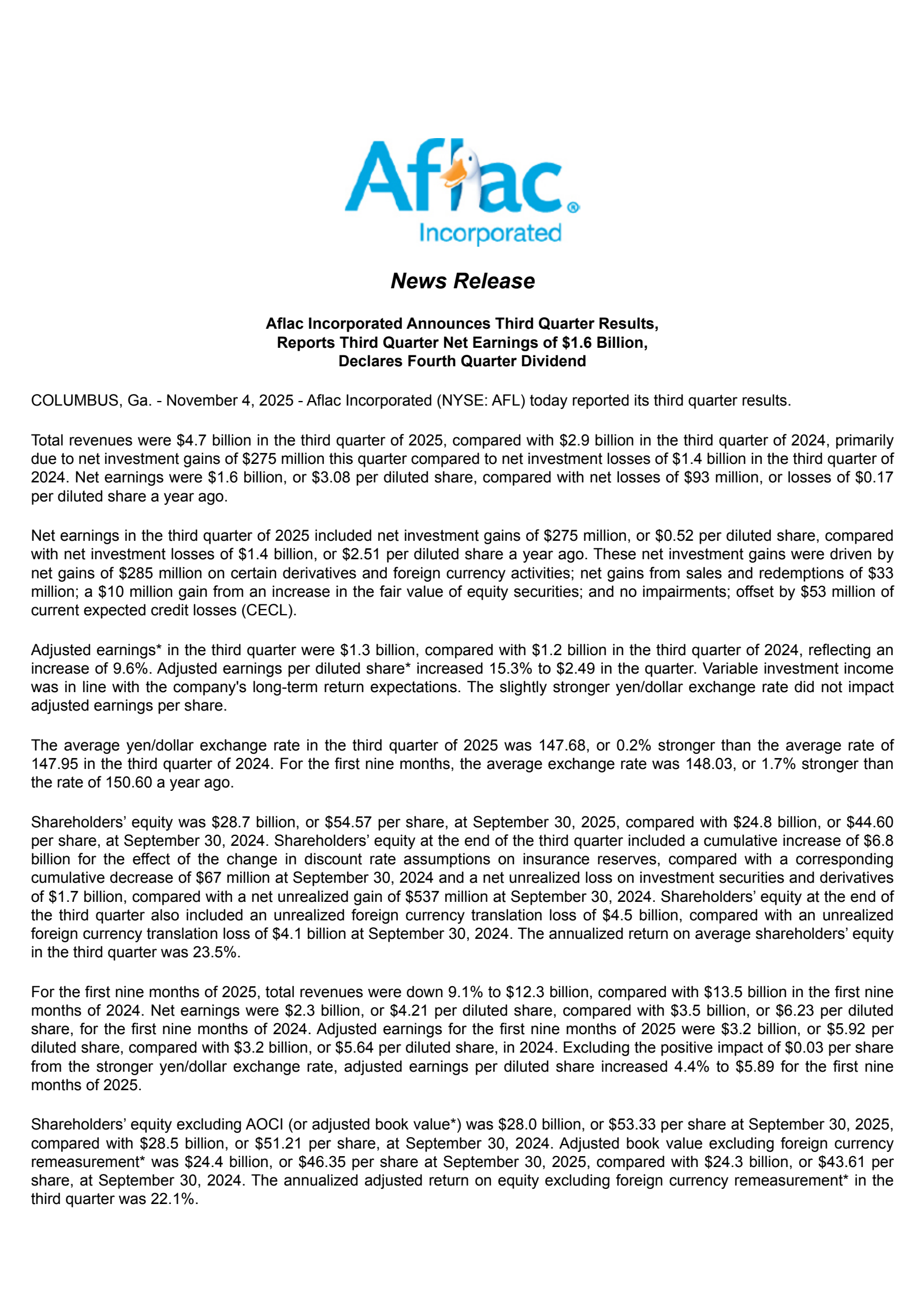 Aflac's Q3 2025 Pre Recorded Earnings Release