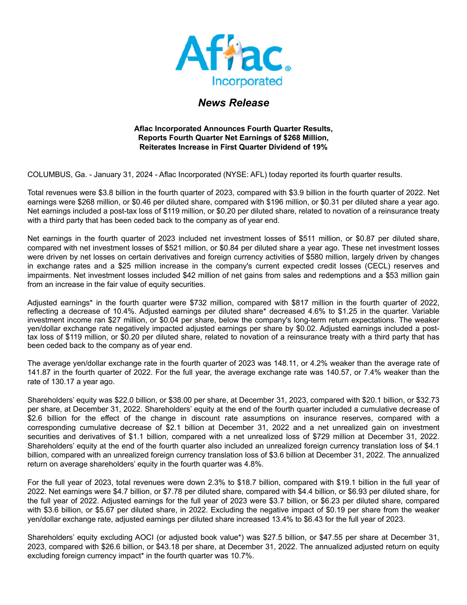Aflac's Q4 2023 Press Release