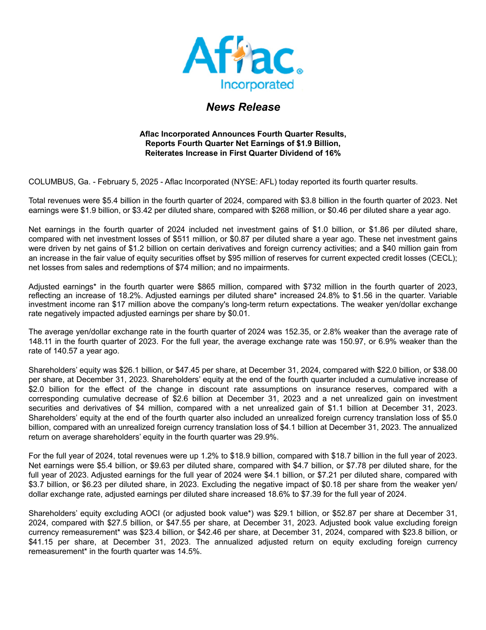 Aflac's Q4 2024 Earnings Release