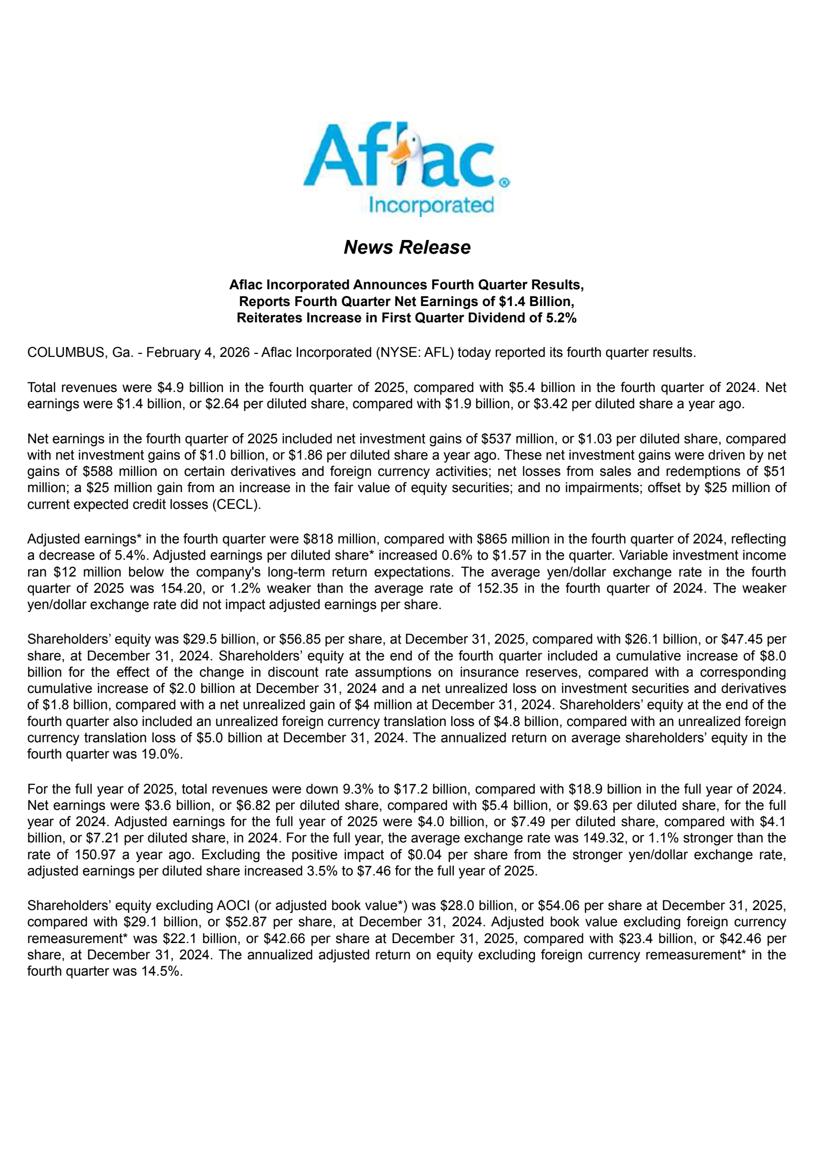 Aflac's Q4 2025 Pre Recorded Press Release