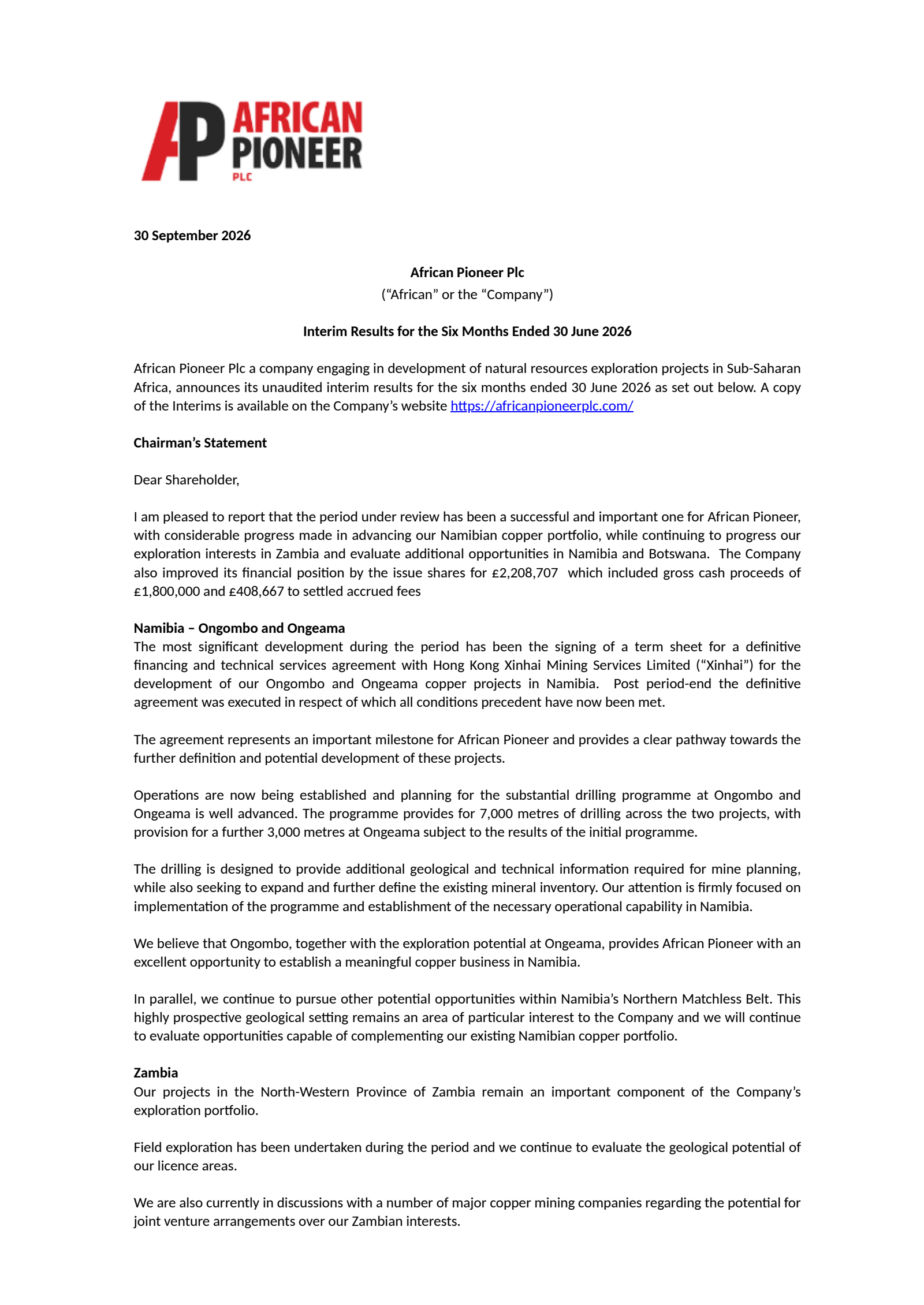 African Pioneer's H1 2026 Interim report