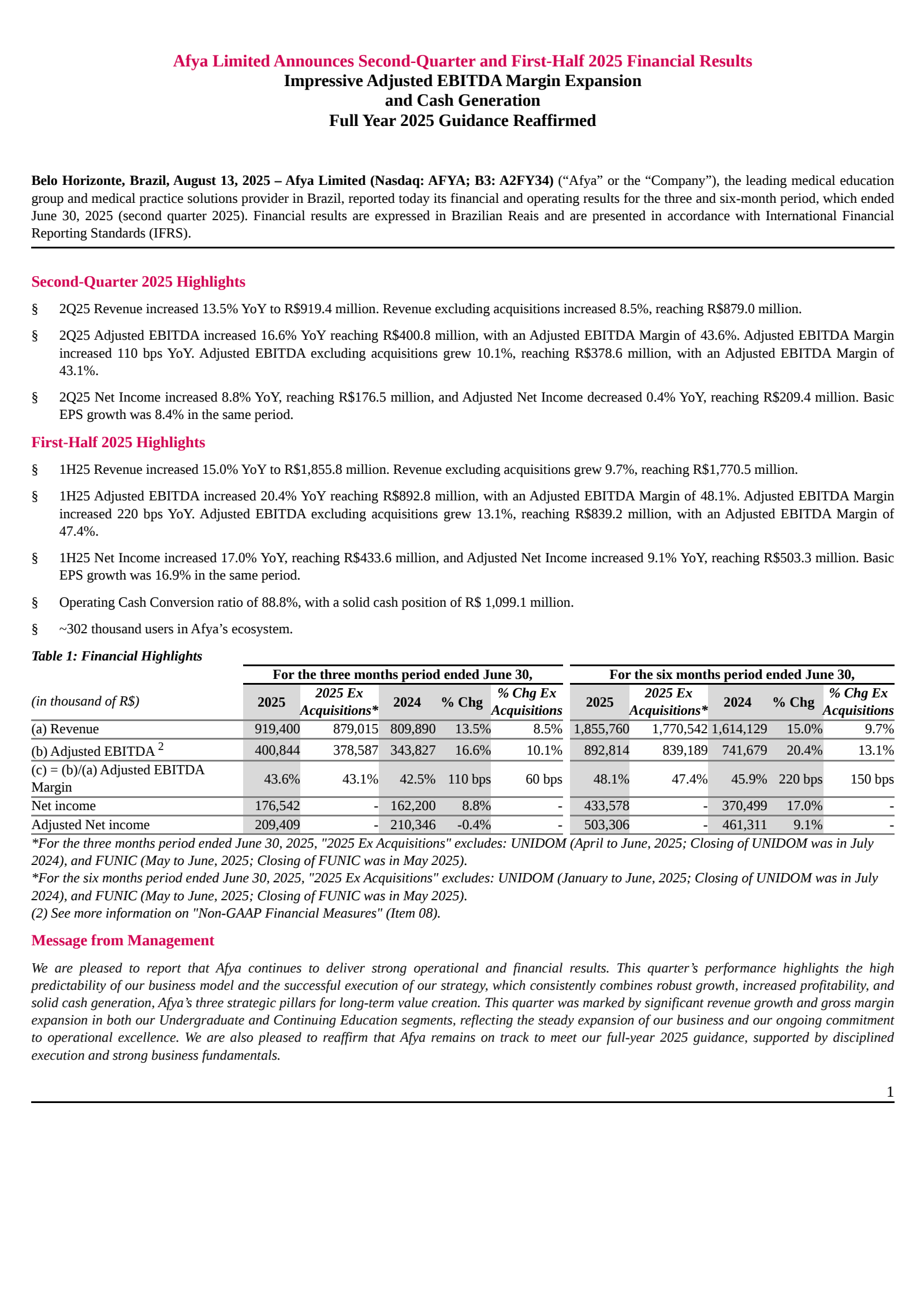 Afya's Q2 2025 Press Release
