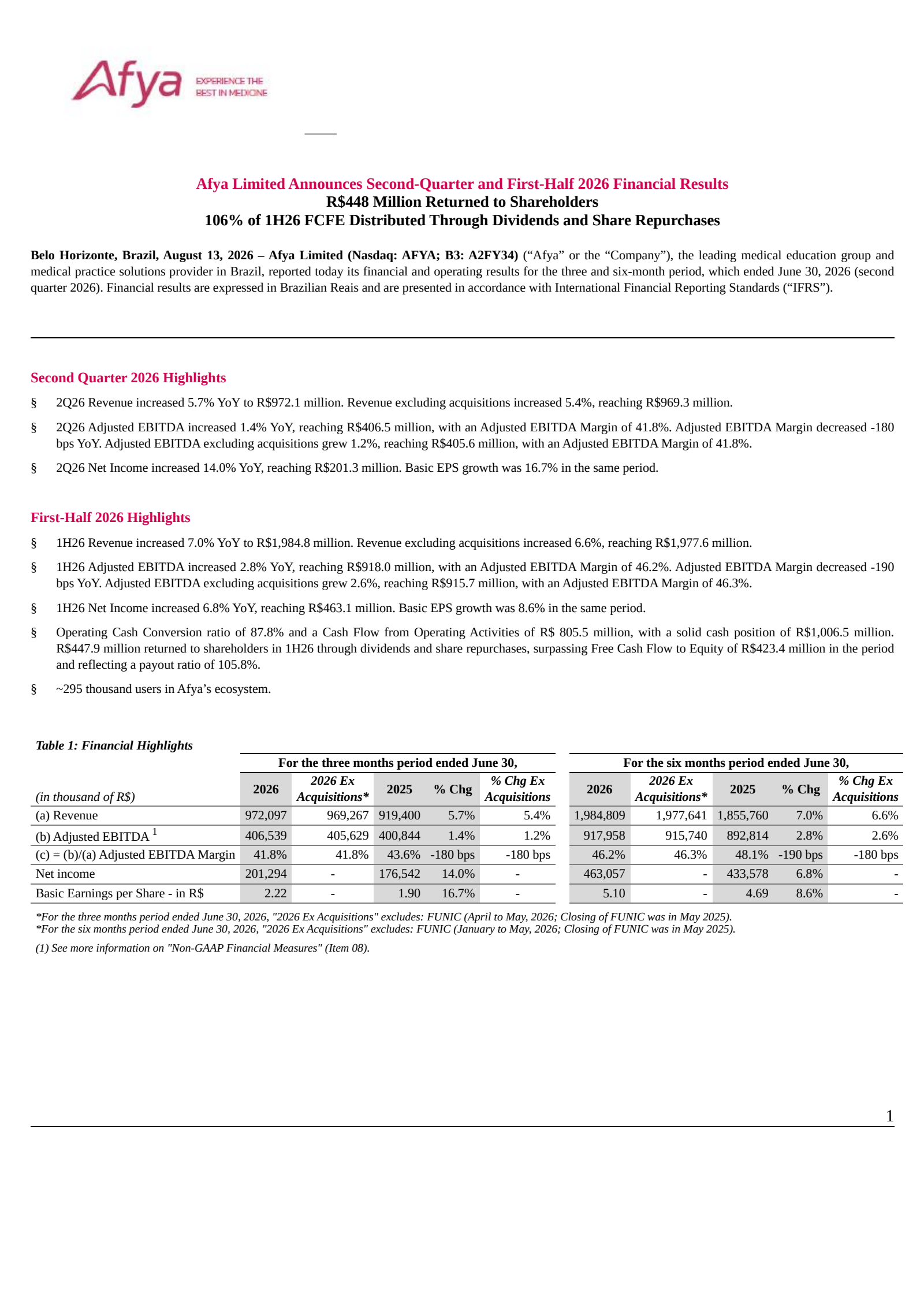 Afya's Q2 2026 Press Release