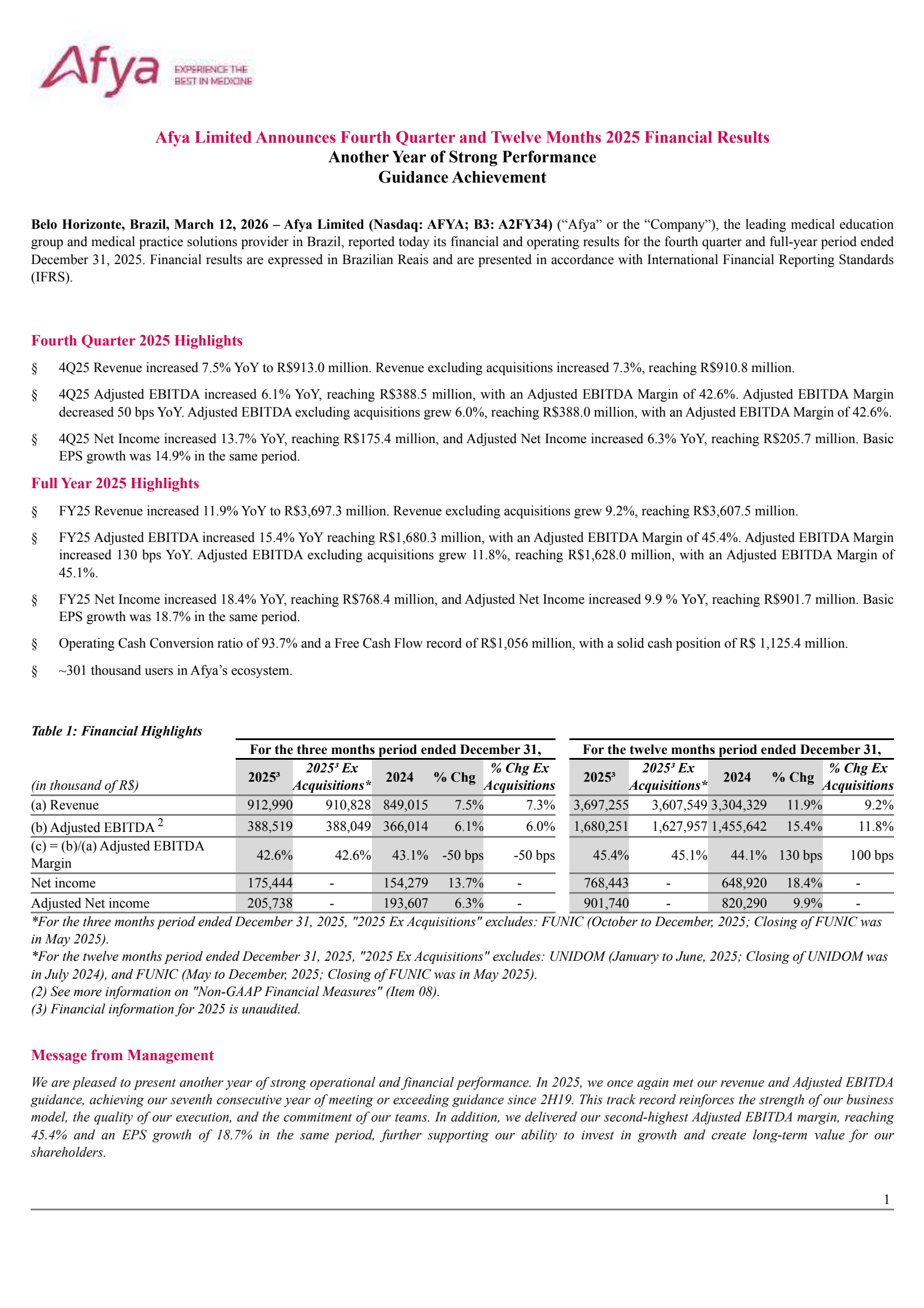Afya's Q4 2025 Press Release