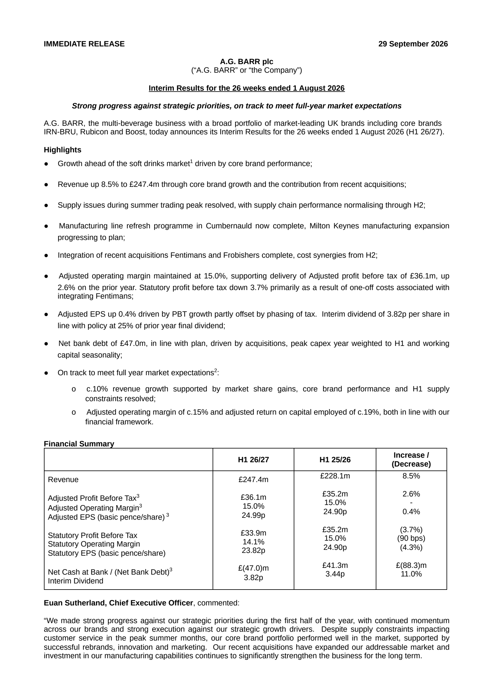 A.G. BARR's H1 26/27 Interim report