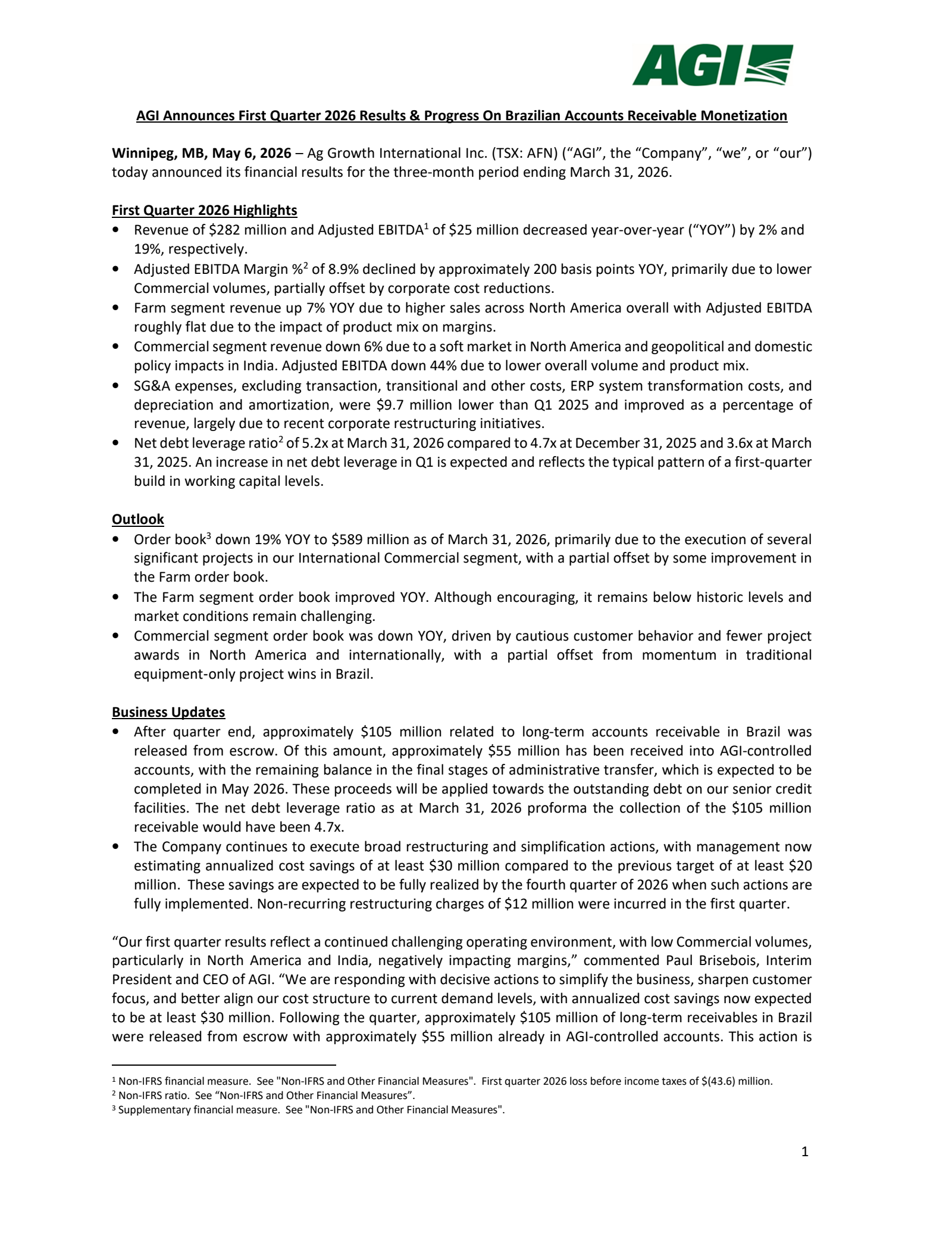 Ag Growth International's Q1 2026 Press Release
