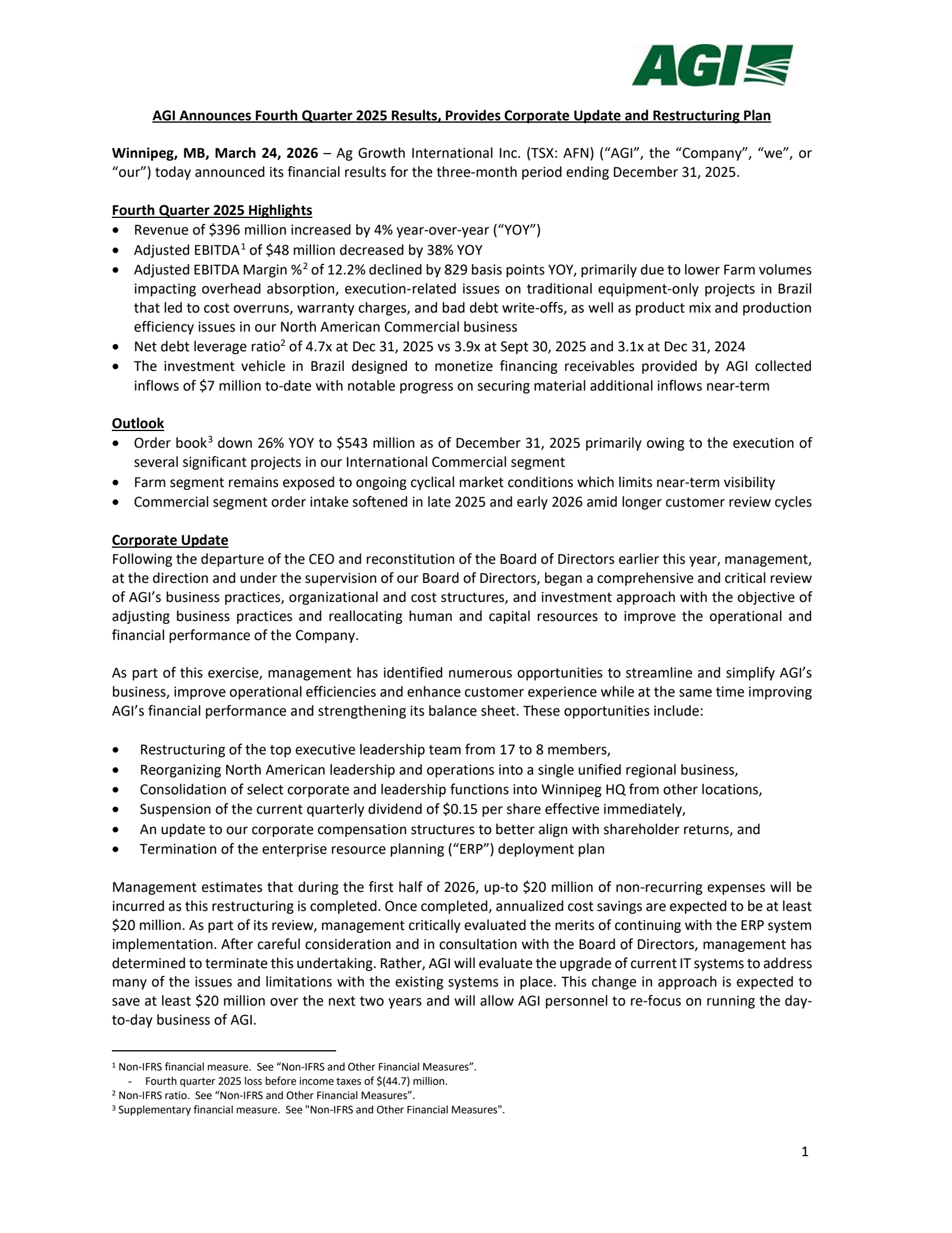 Ag Growth International's Q4 2025 Press Release