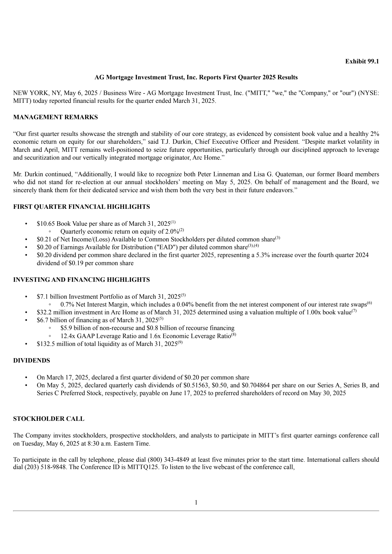 AG Mortgage Investment Trust's Q1 2025 Press Release