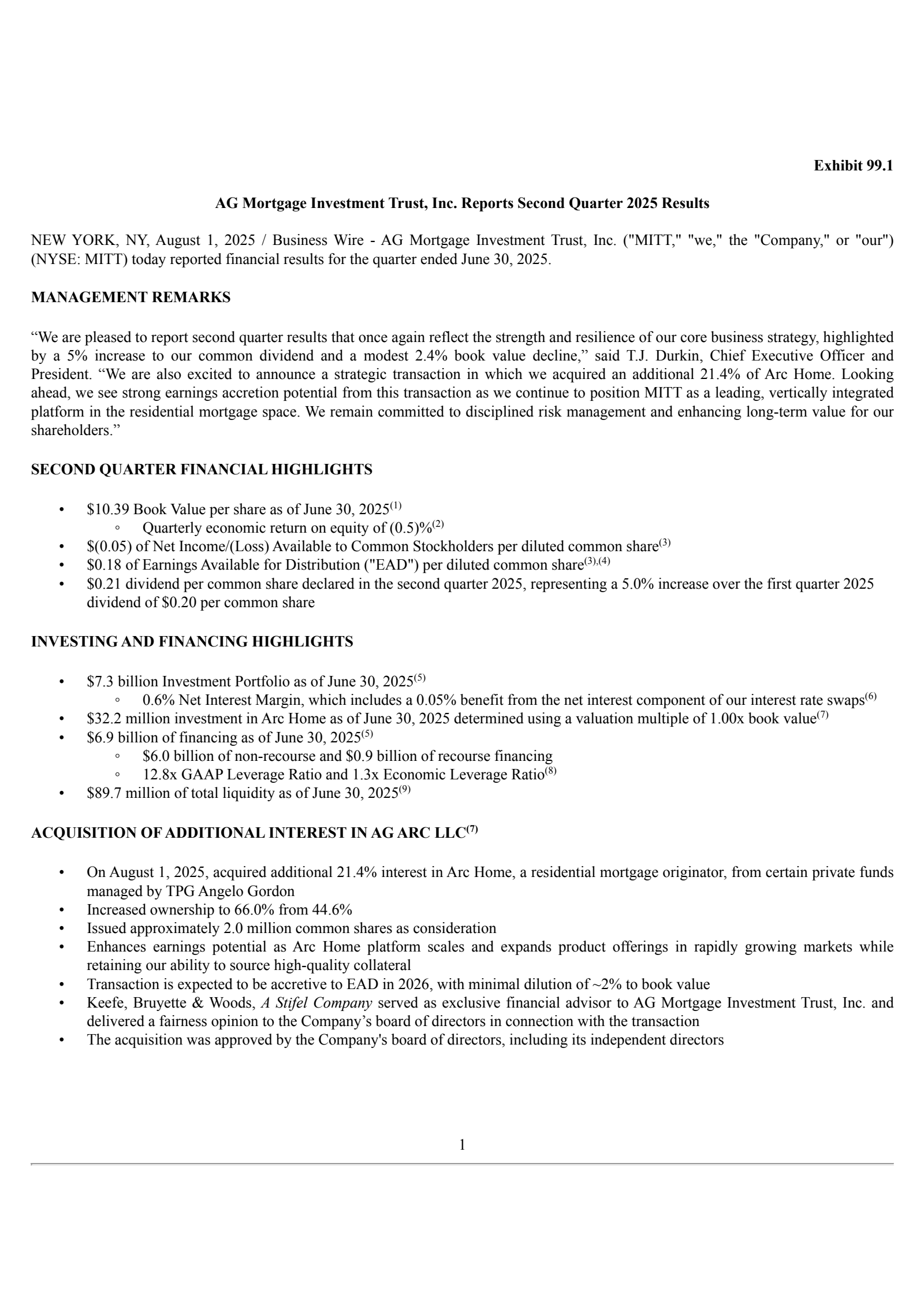 AG Mortgage Investment Trust's Q2 2025 Press Release