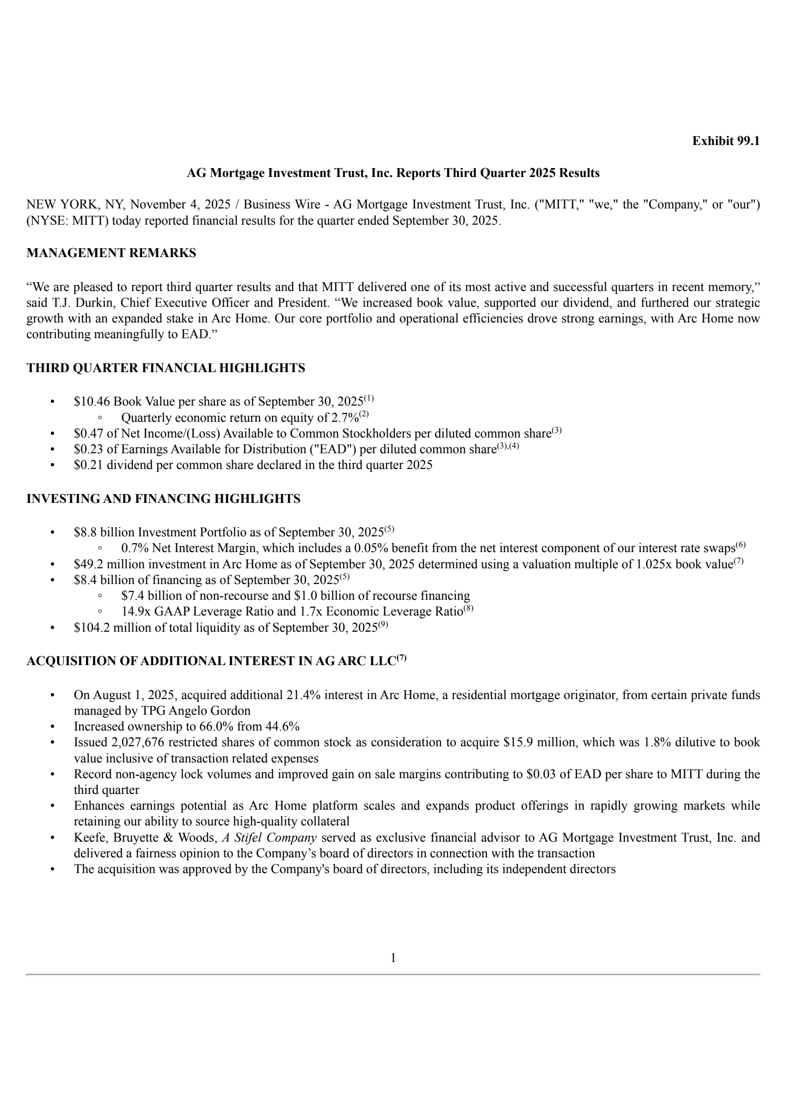 AG Mortgage Investment Trust's Q3 2025 Earnings Release