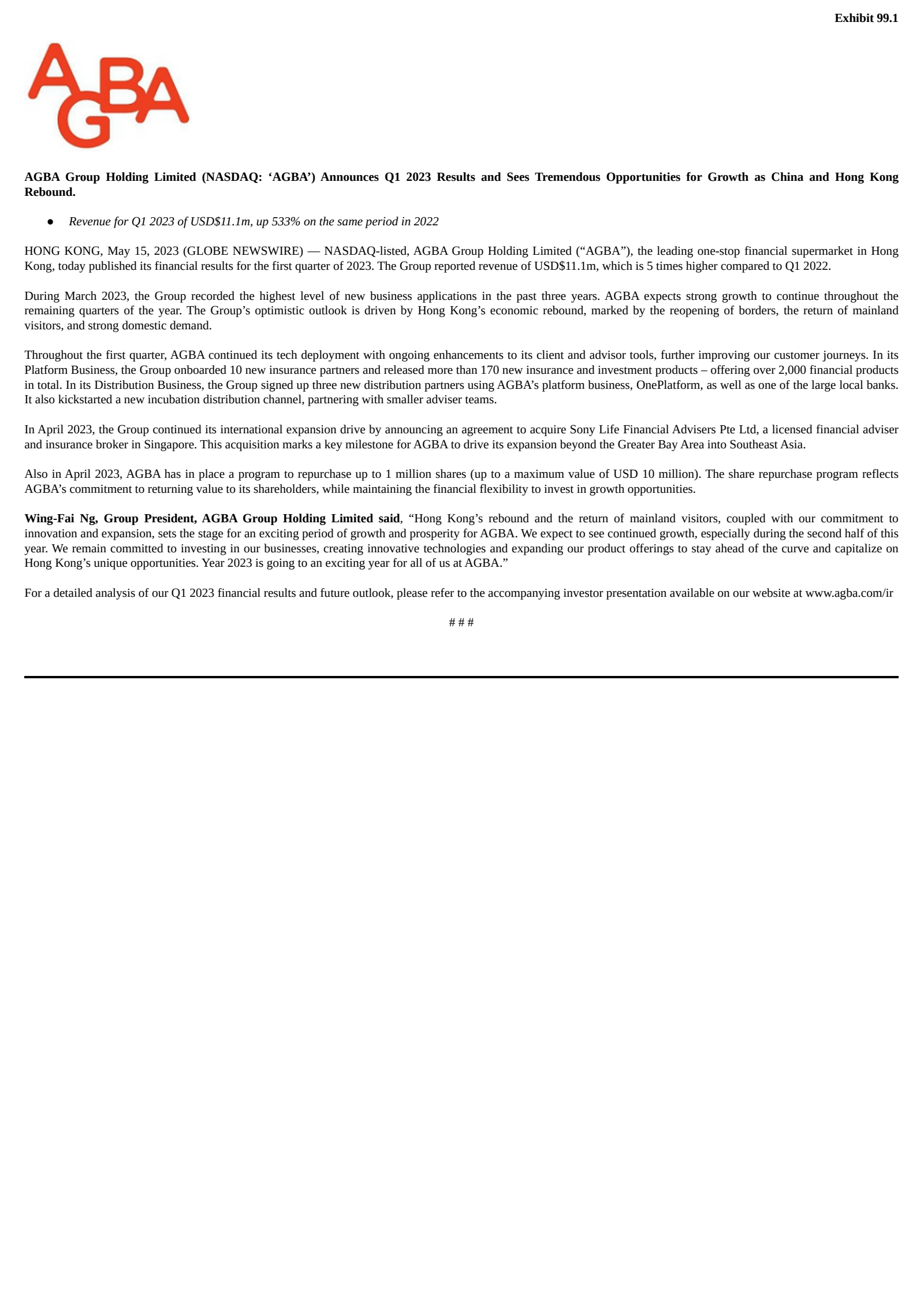 AGBA Acquisition's Q1 2023 Press Release