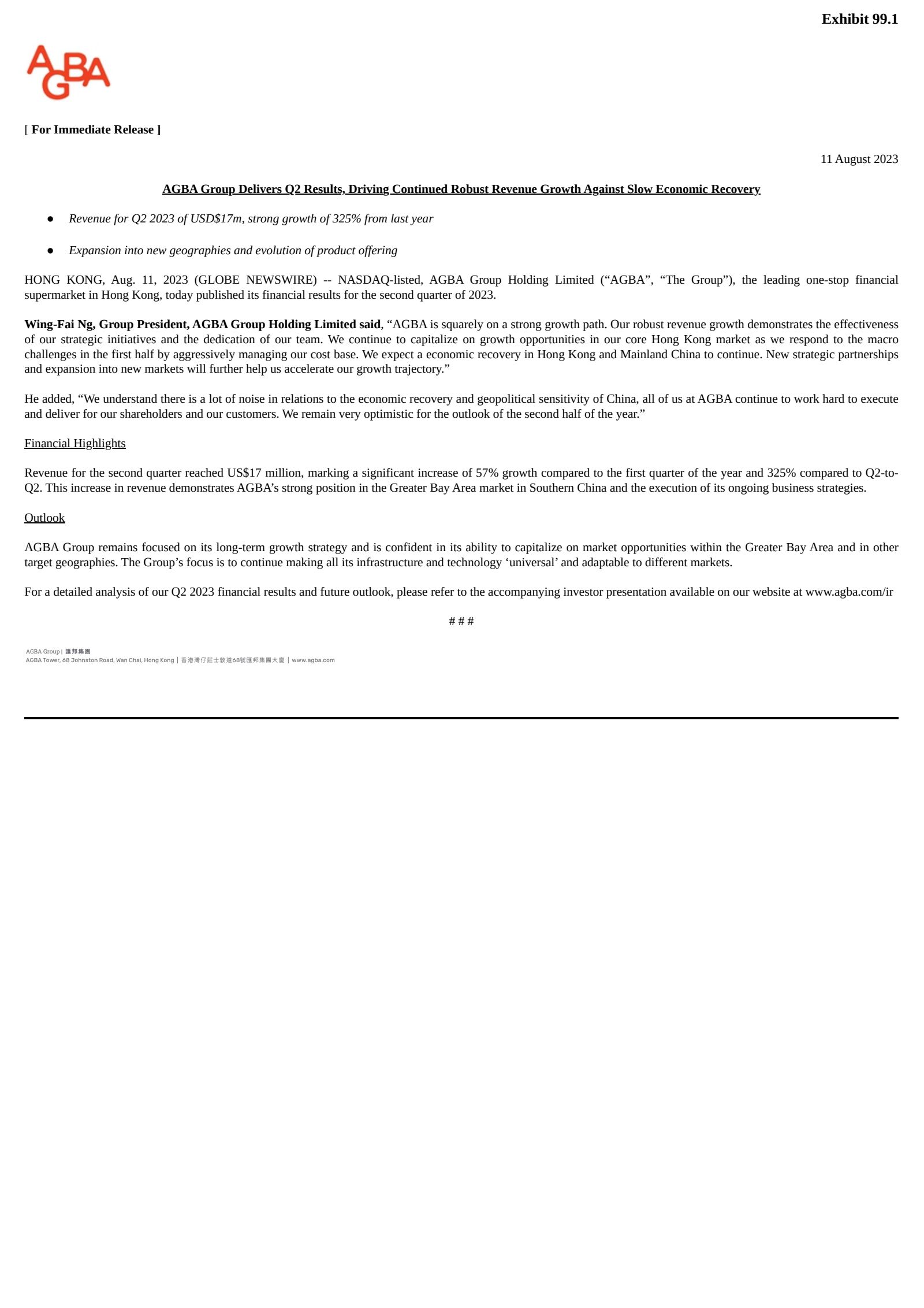 AGBA Acquisition's Q2 2023 Press Release