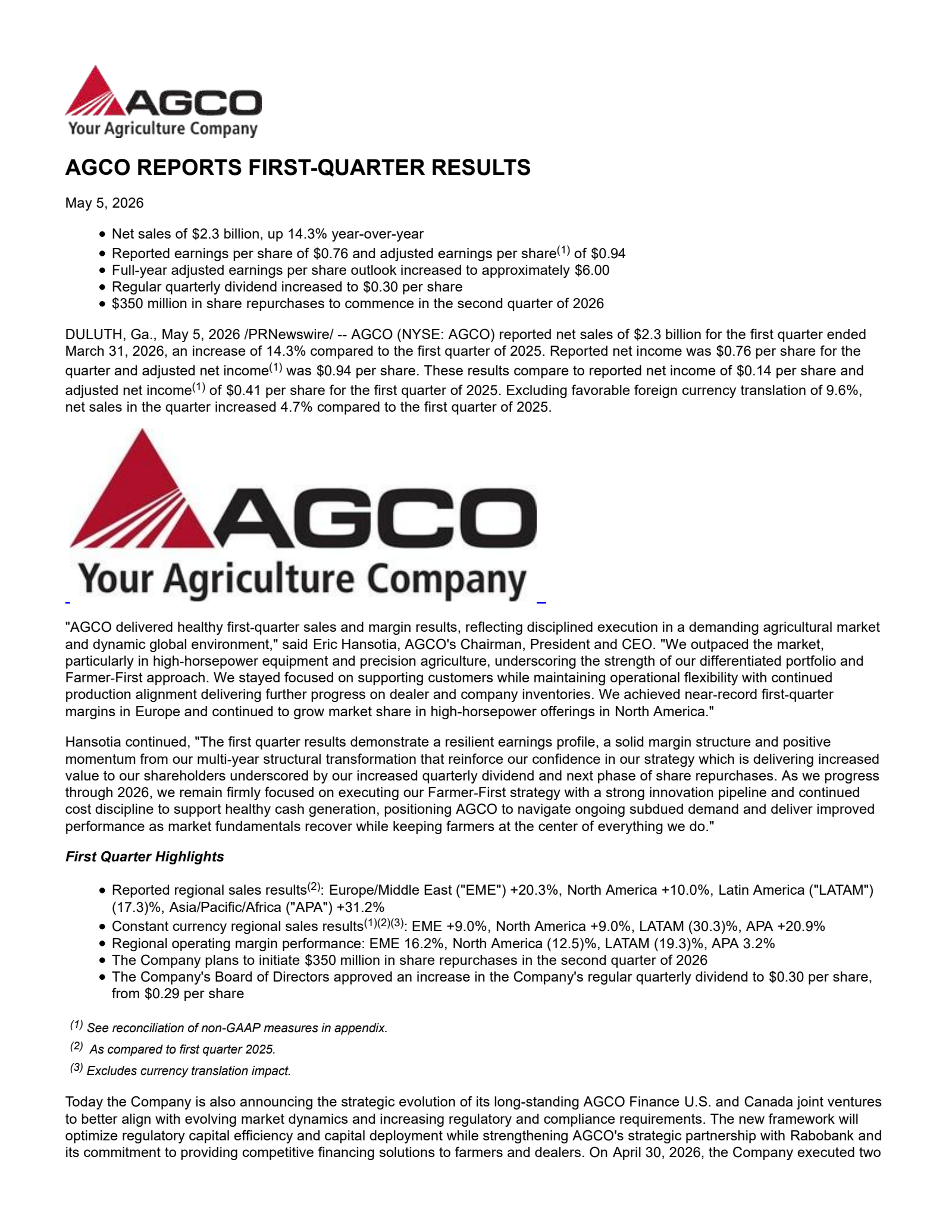 AGCO's Q1 2026 Press Release