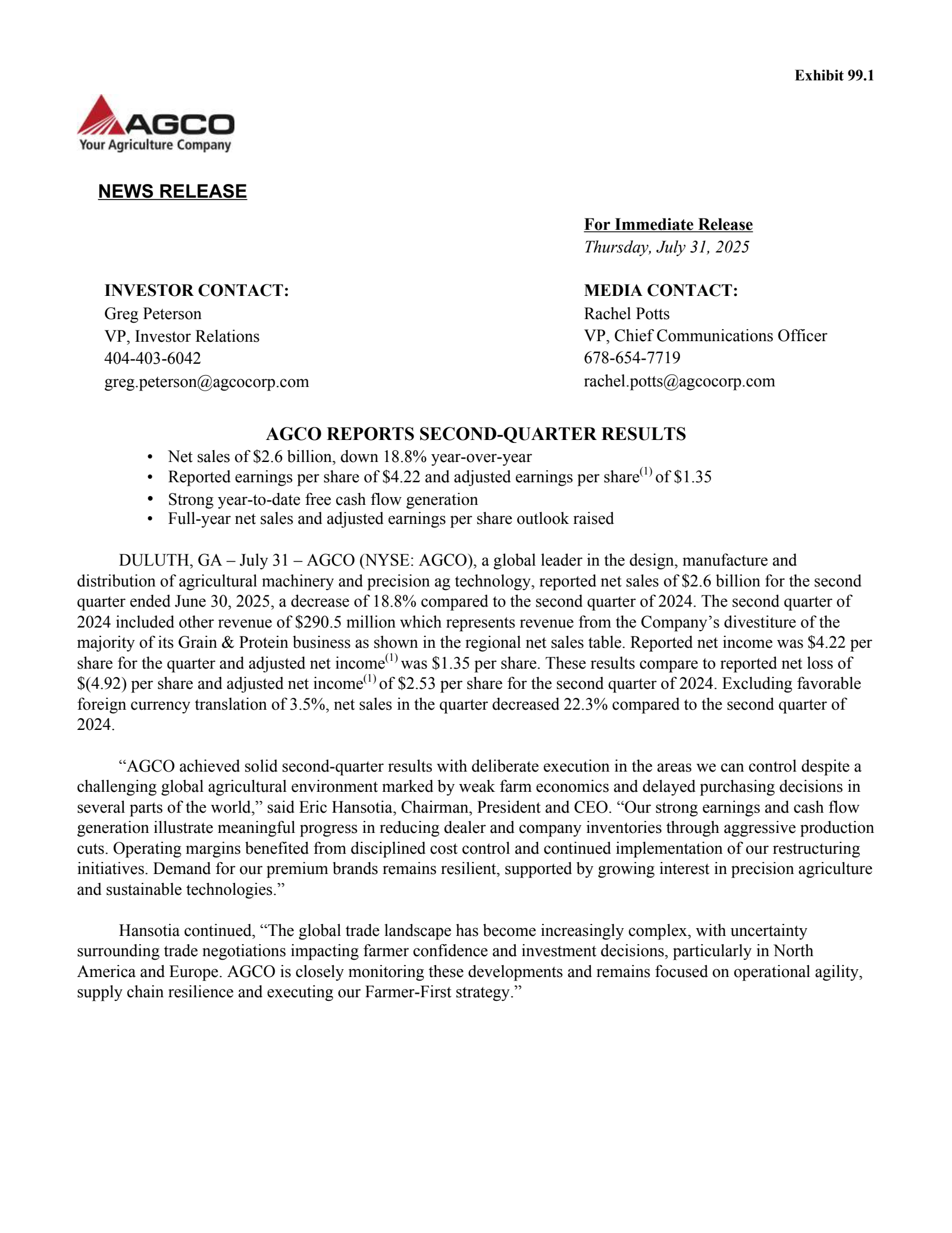 AGCO's Q2 2025 Press Release