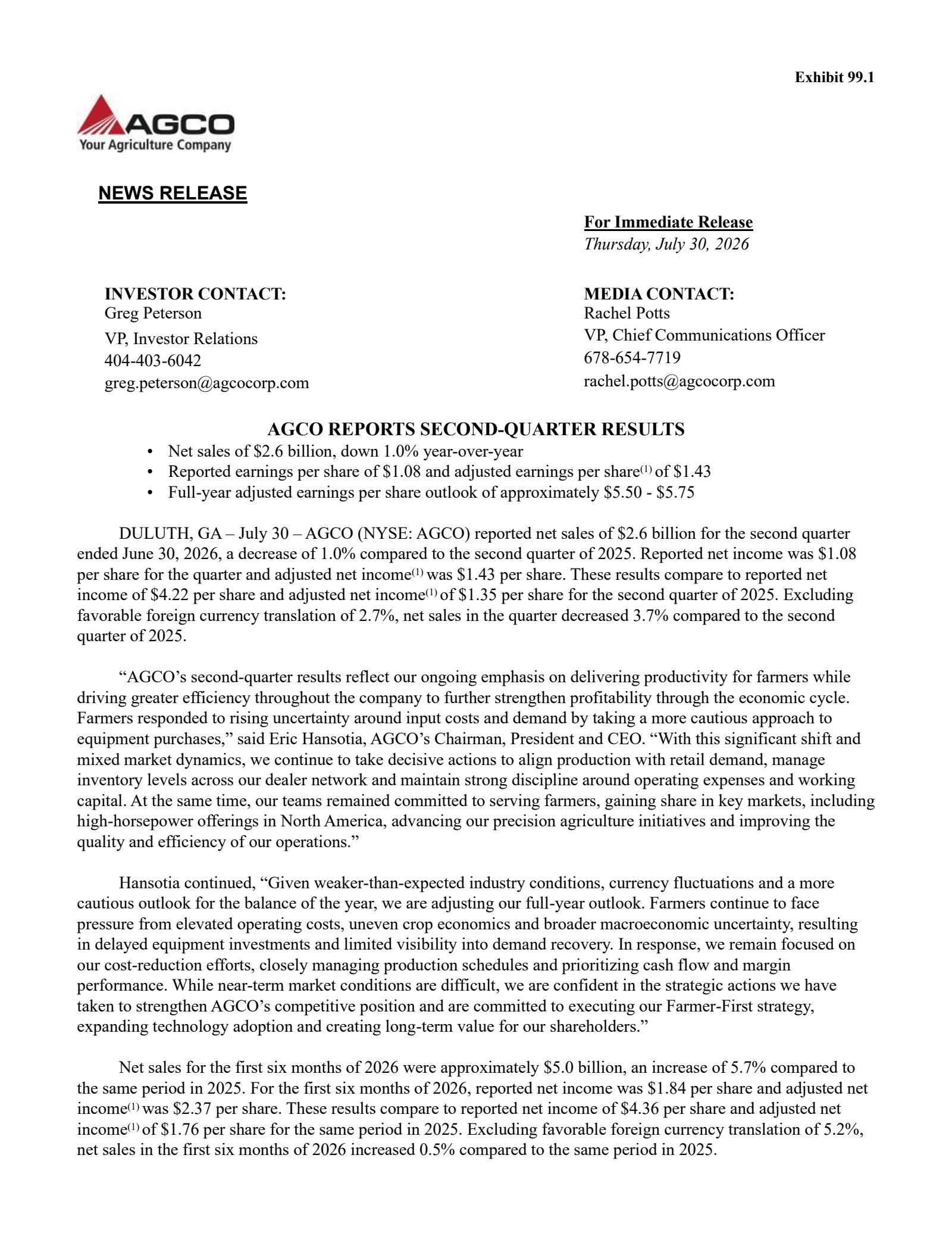 AGCO's Q2 2026 Press Release