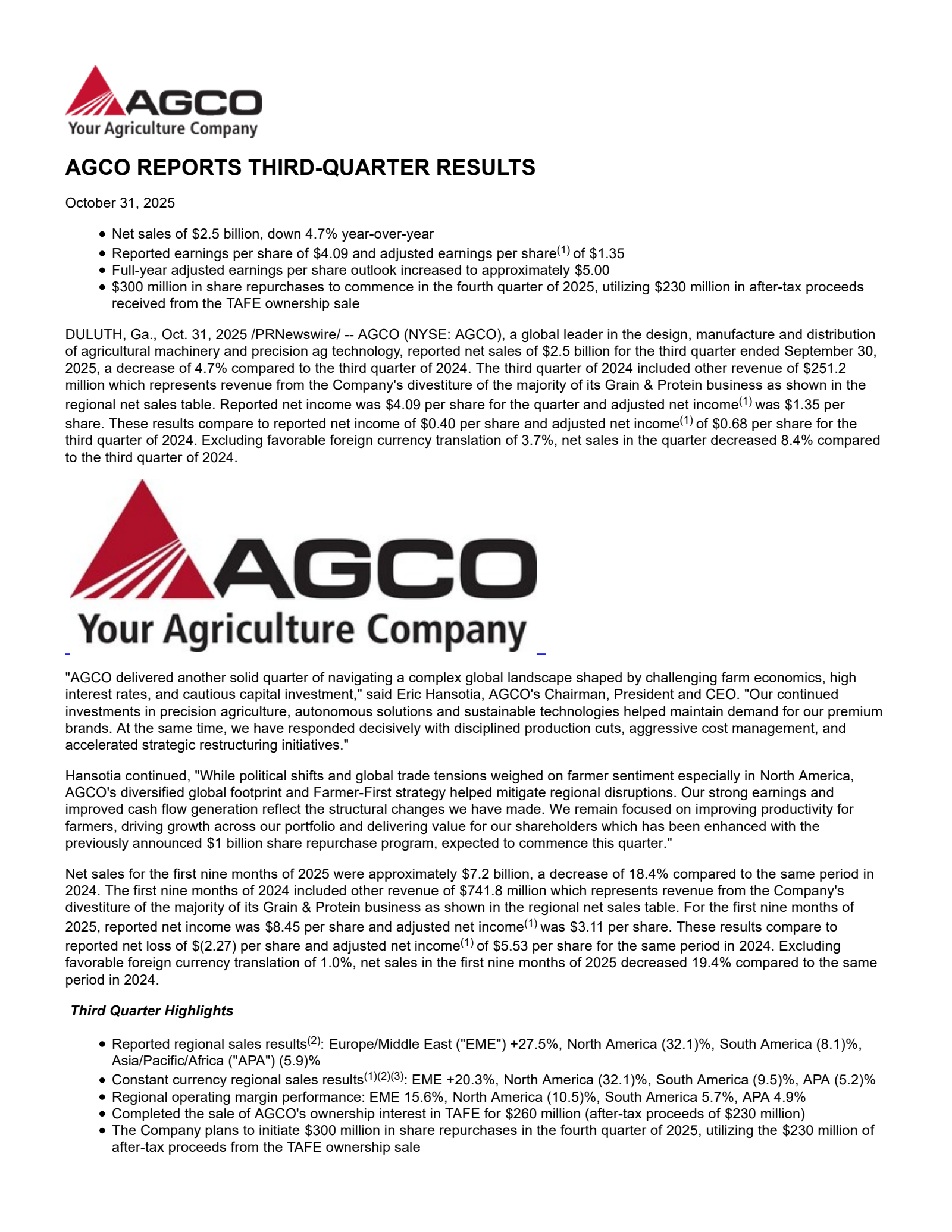 AGCO's Q3 2025 Earnings Release