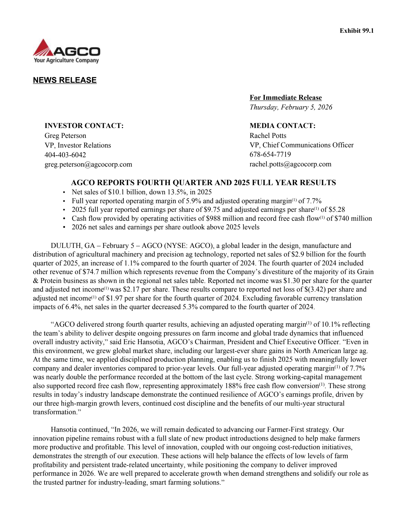 AGCO's Q4 2025 Press Release