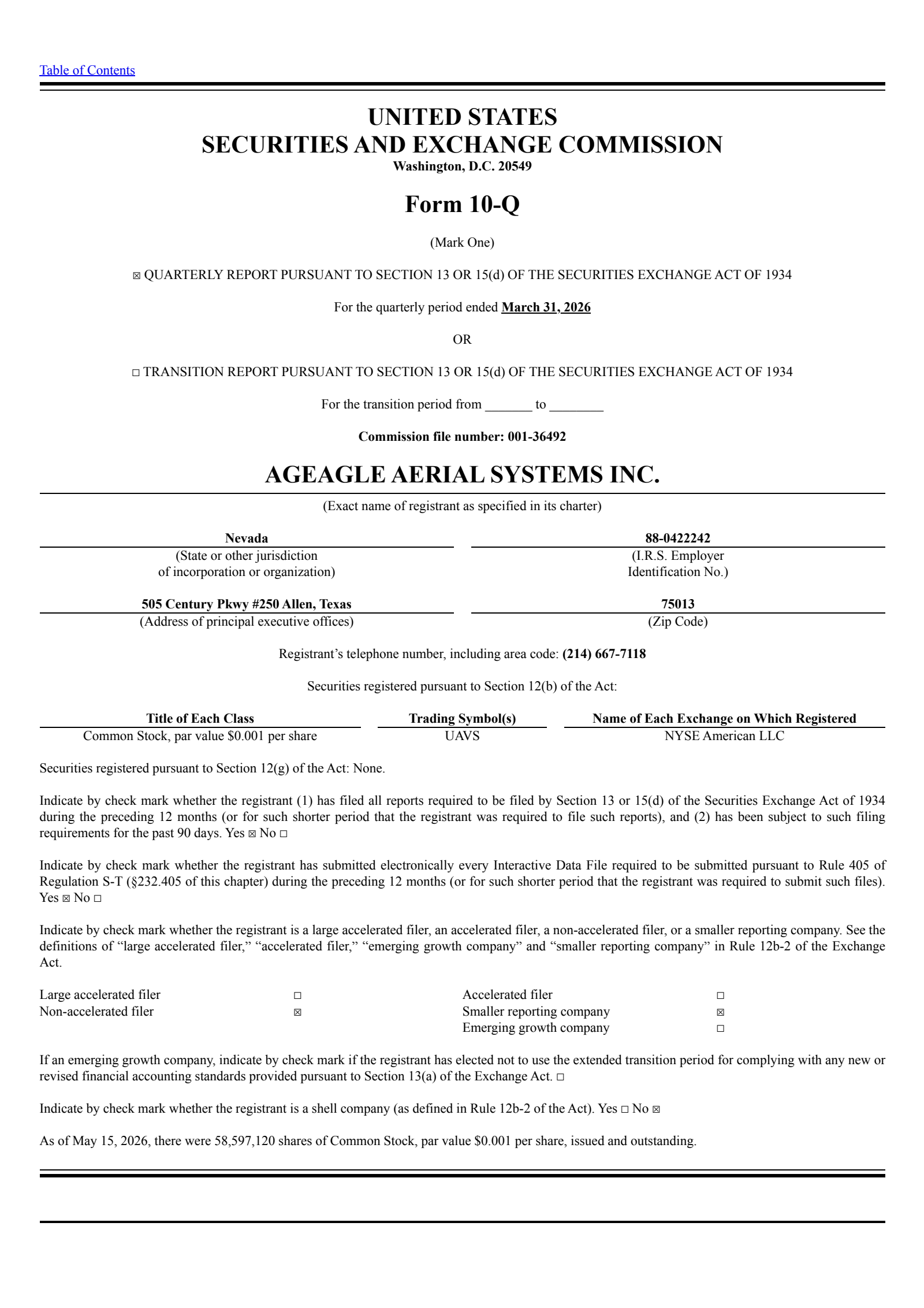 Ageagle Aerial Systems' Q1 2026 Quarterly report