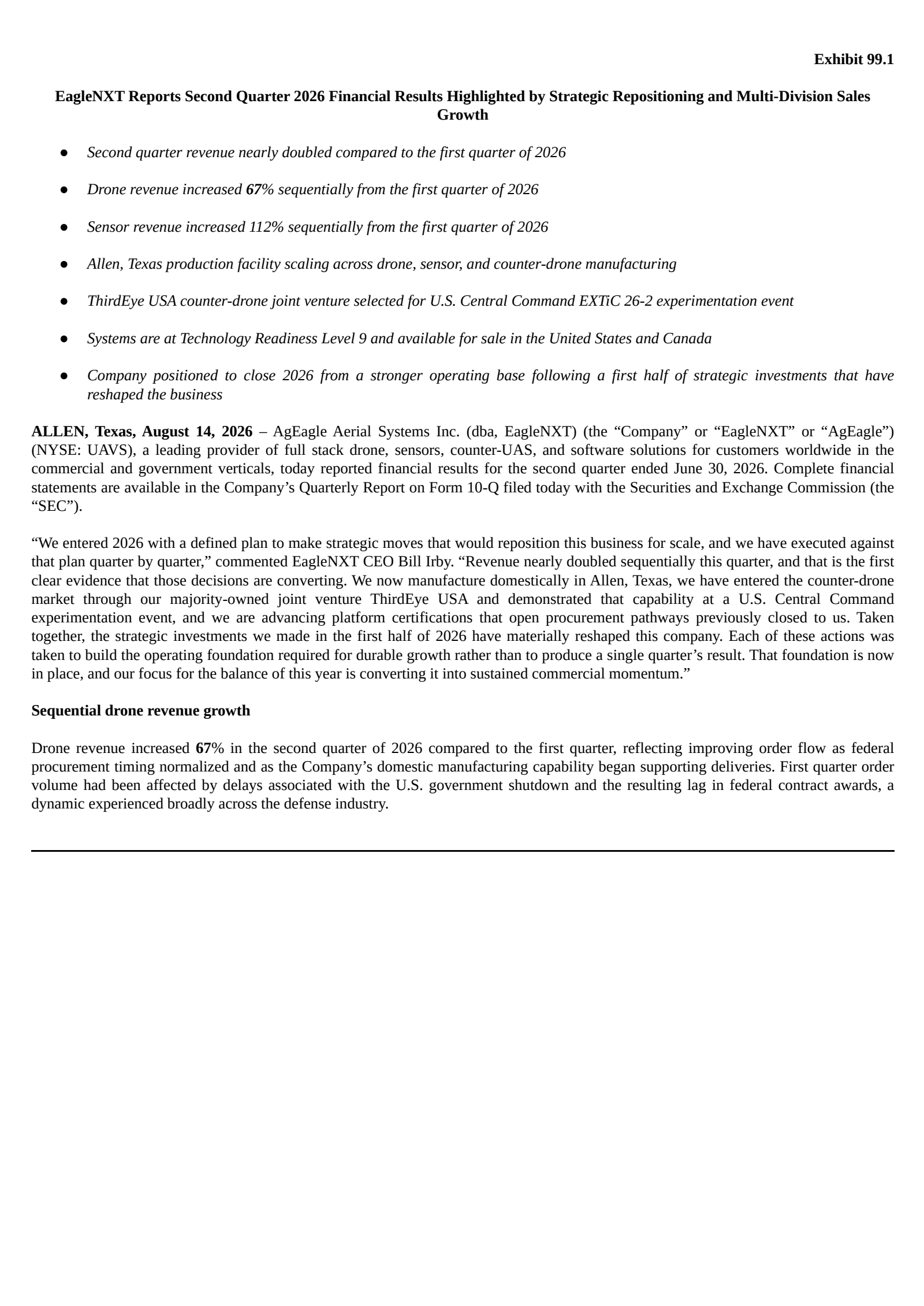 Ageagle Aerial Systems' Q2 2026 Press Release