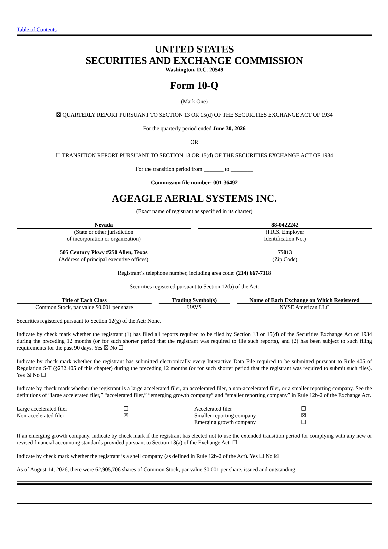 Ageagle Aerial Systems' Q2 2026 Quarterly report
