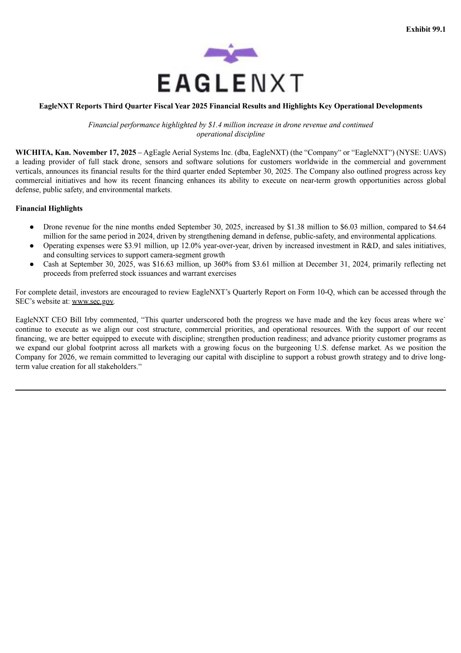 Ageagle Aerial Systems' Q3 2025 Earnings Release