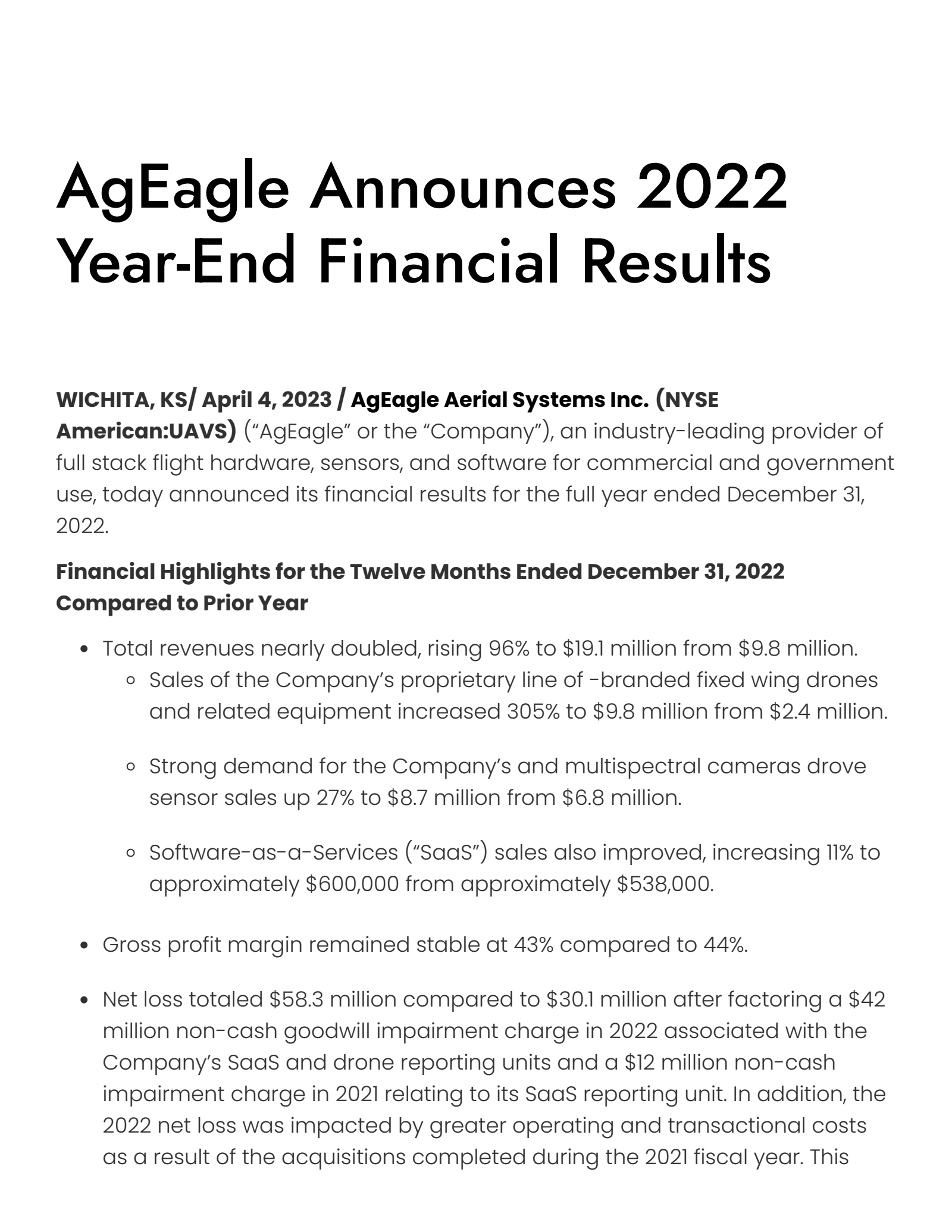 Ageagle Aerial Systems' Q4 2022 Press Release
