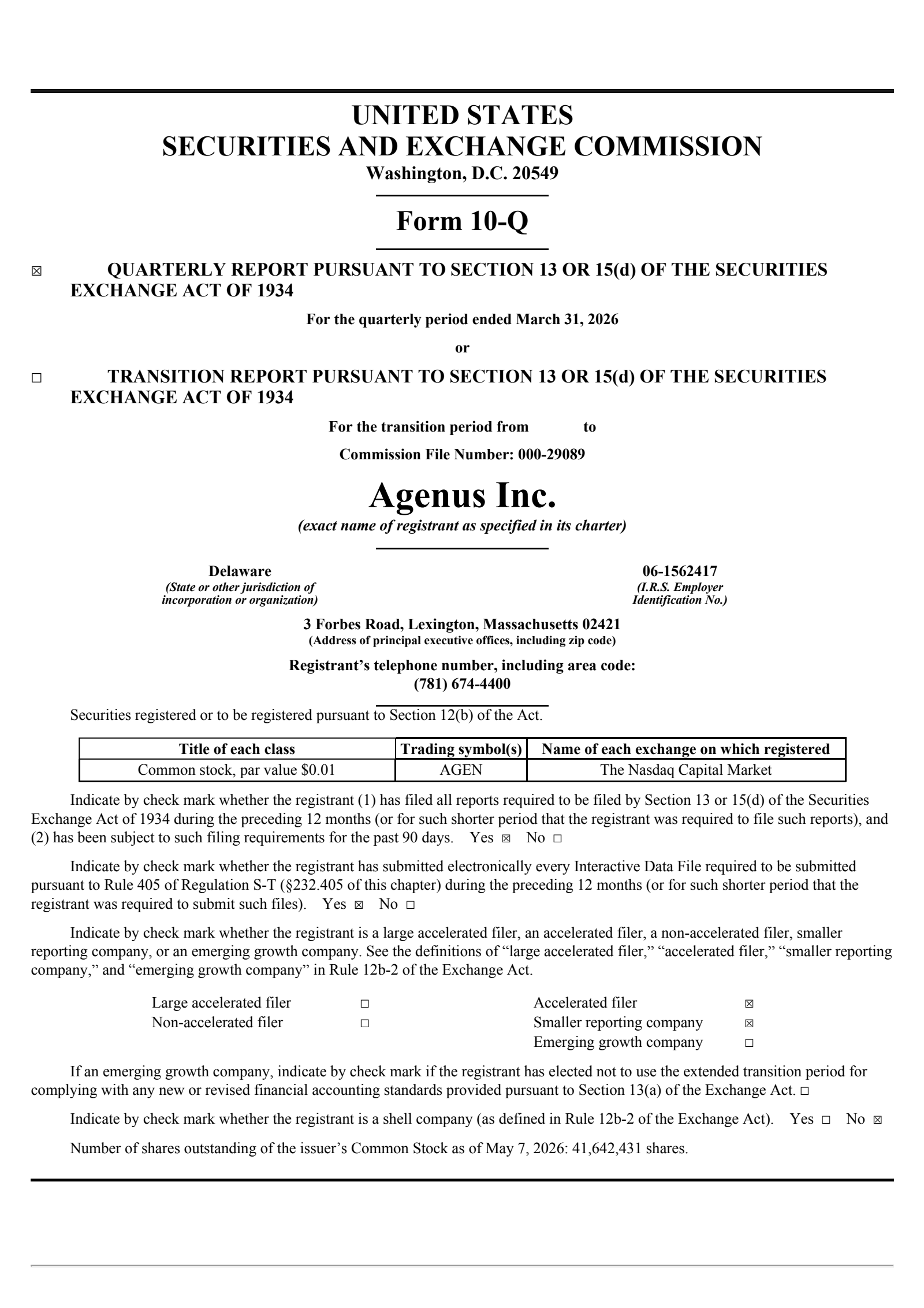 Agenus' Q1 2026 Quarterly report
