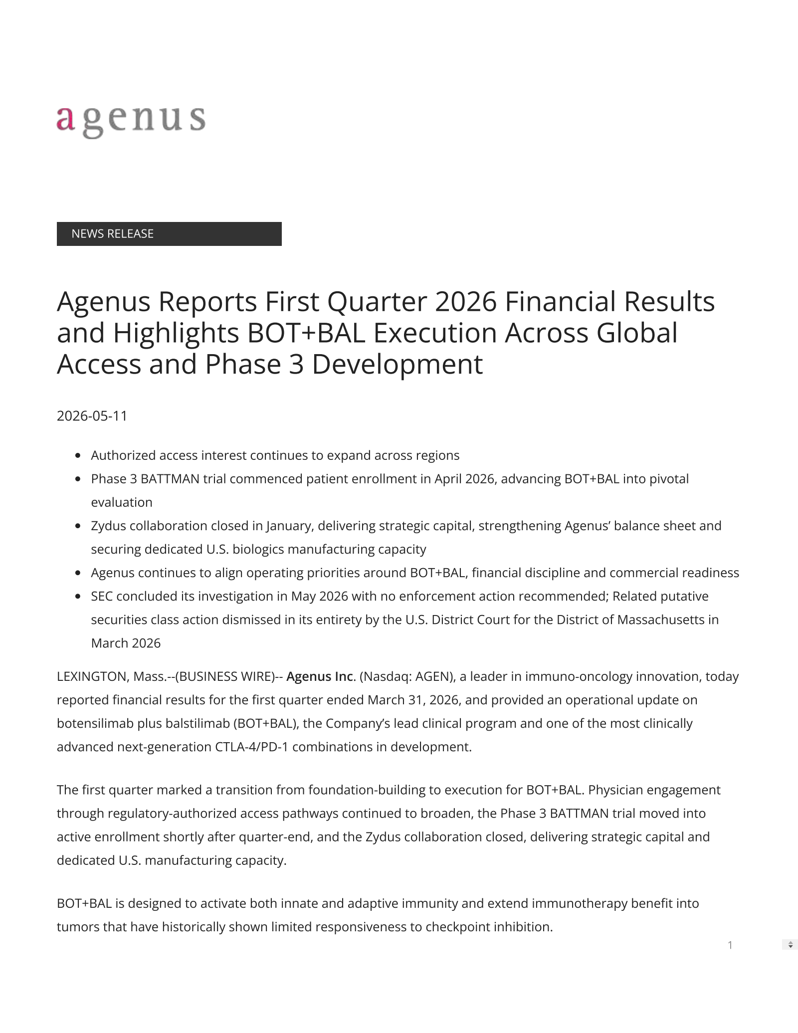 Agenus' Q1 2026 Press Release