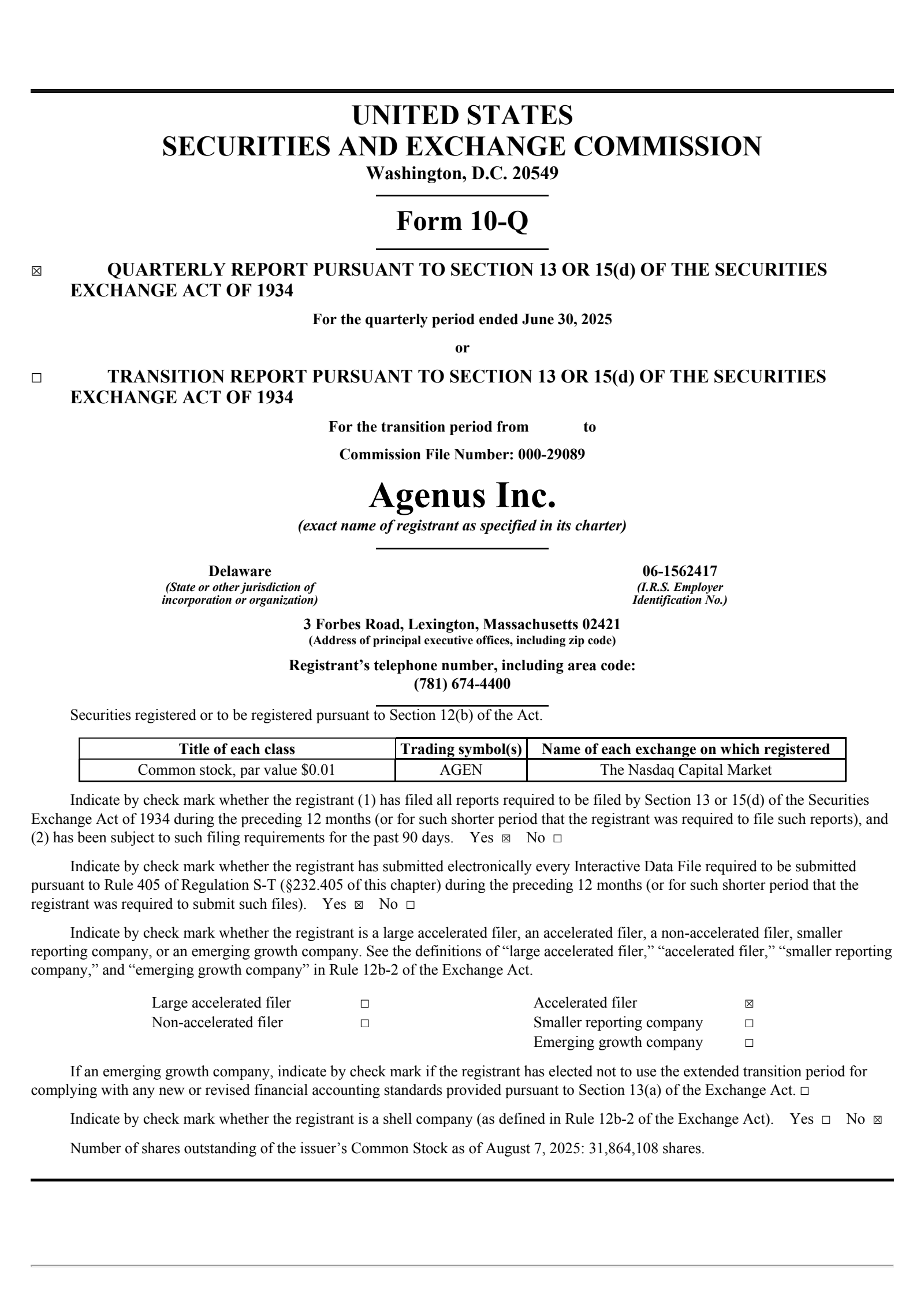 Agenus' Q2 2025 Quarterly report