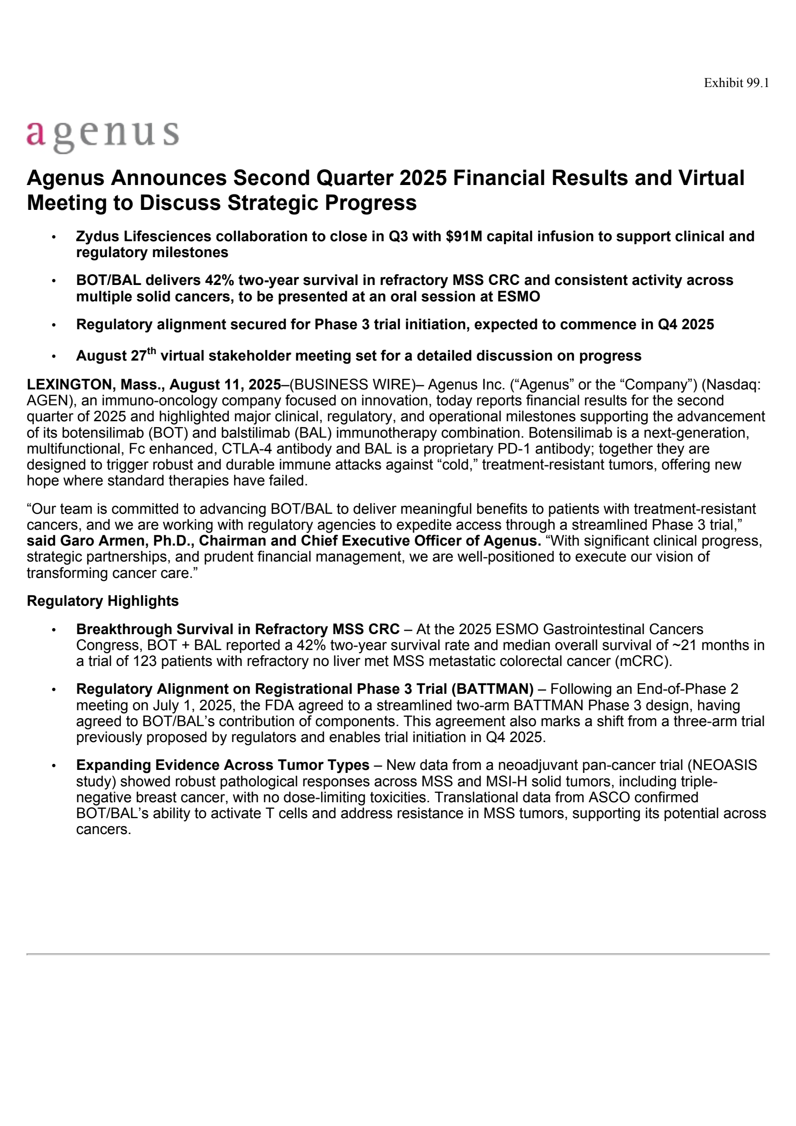 Agenus' Q2 2025 Press Release