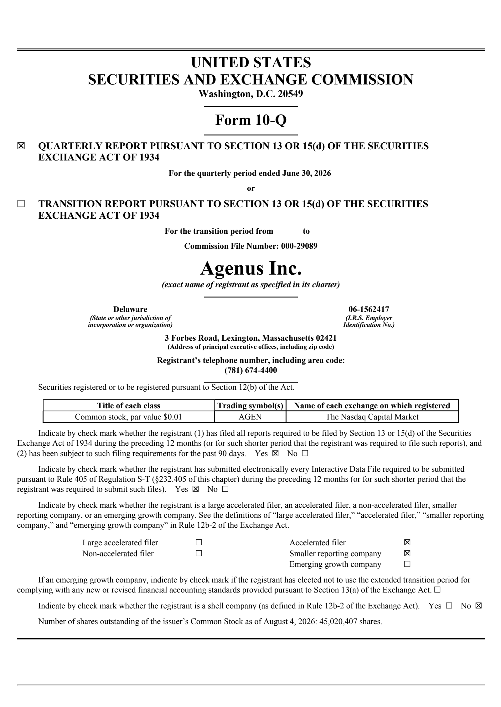 Agenus' Q2 2026 Quarterly report