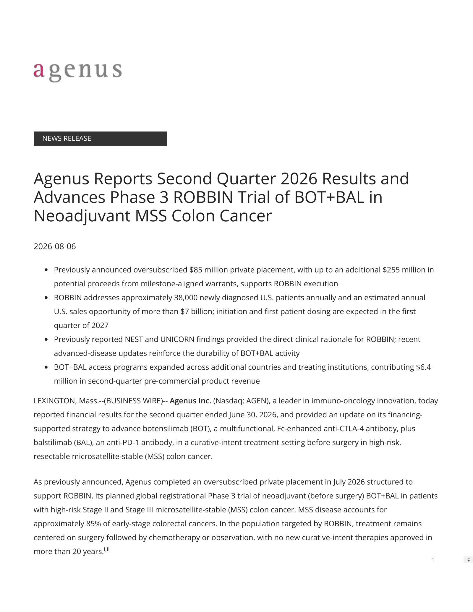 Agenus' Q2 2026 Press Release