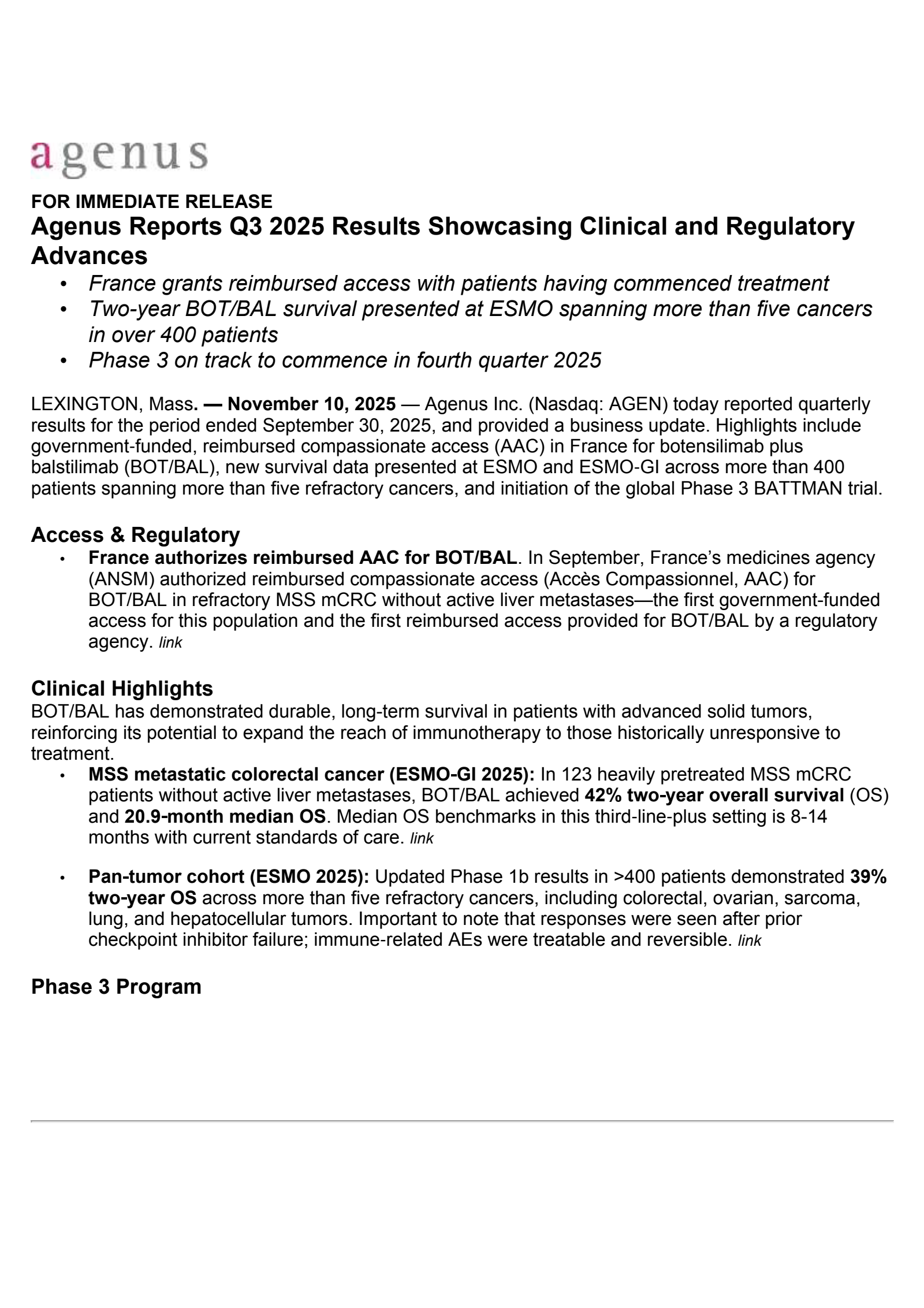 Agenus' Q3 2025 Earnings Release