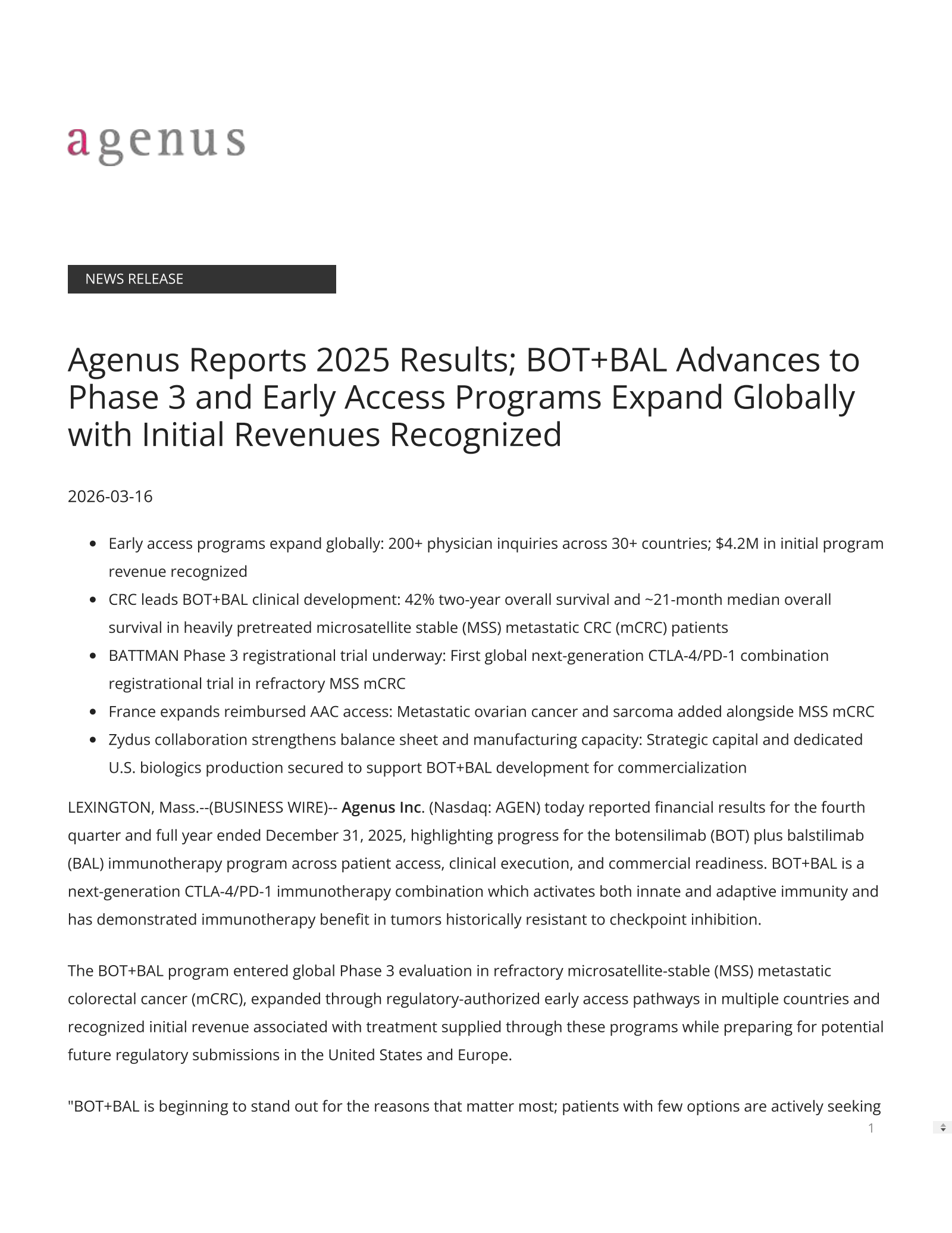 Agenus' Q4 2025 Press Release