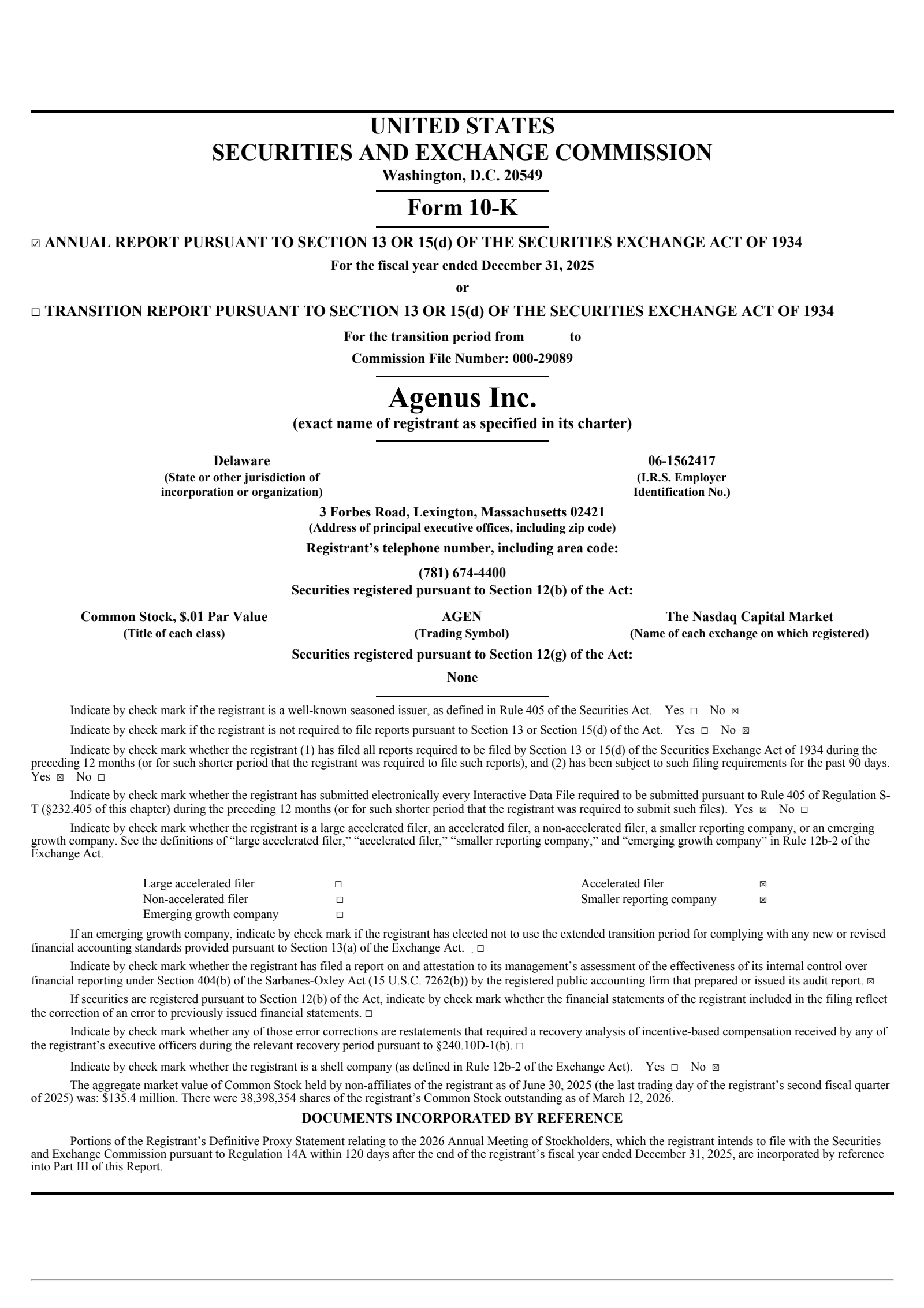 Agenus' Q4 2025 Annual report