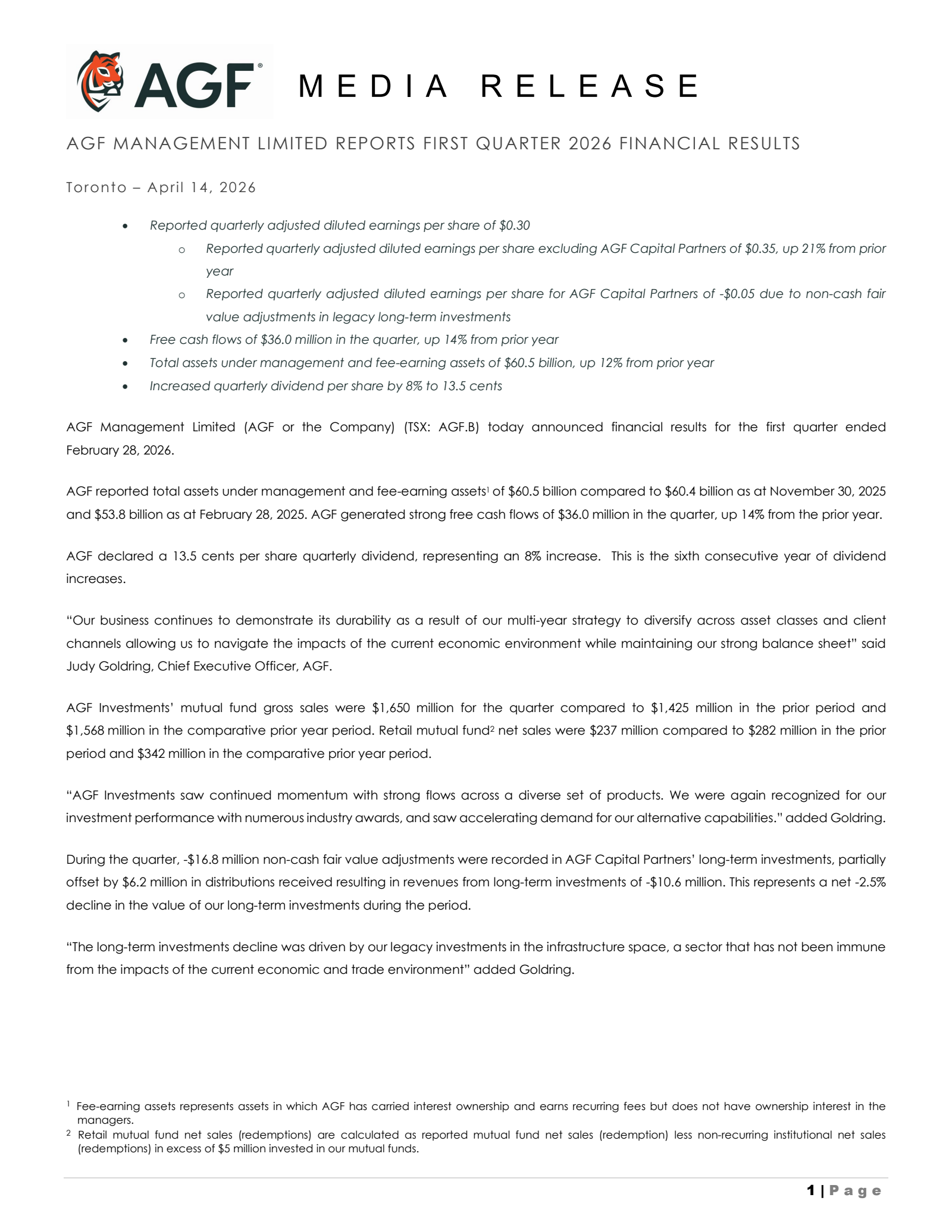 AGF Management's Q1 2026 Press Release