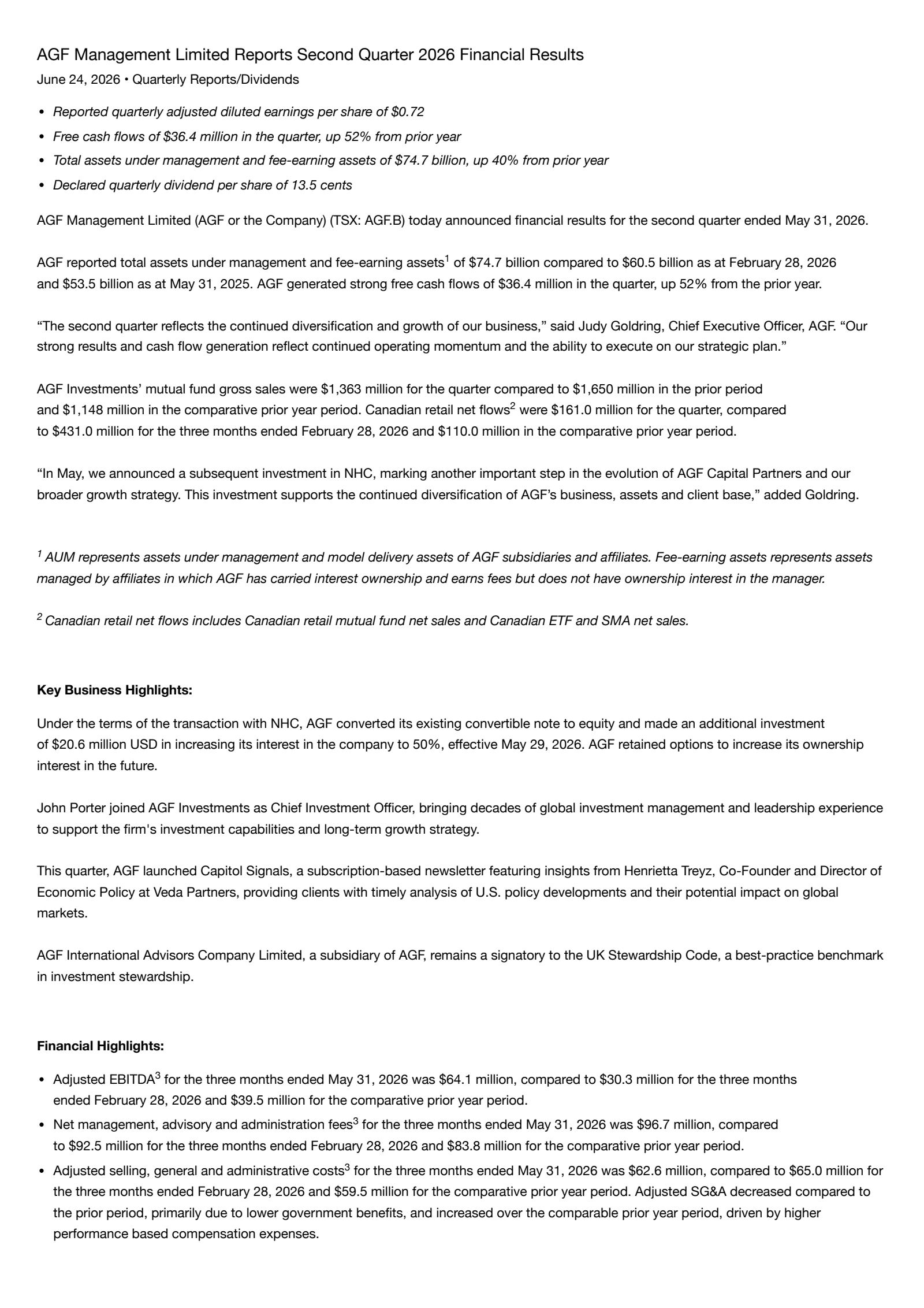 AGF Management's Q2 2026 Press Release