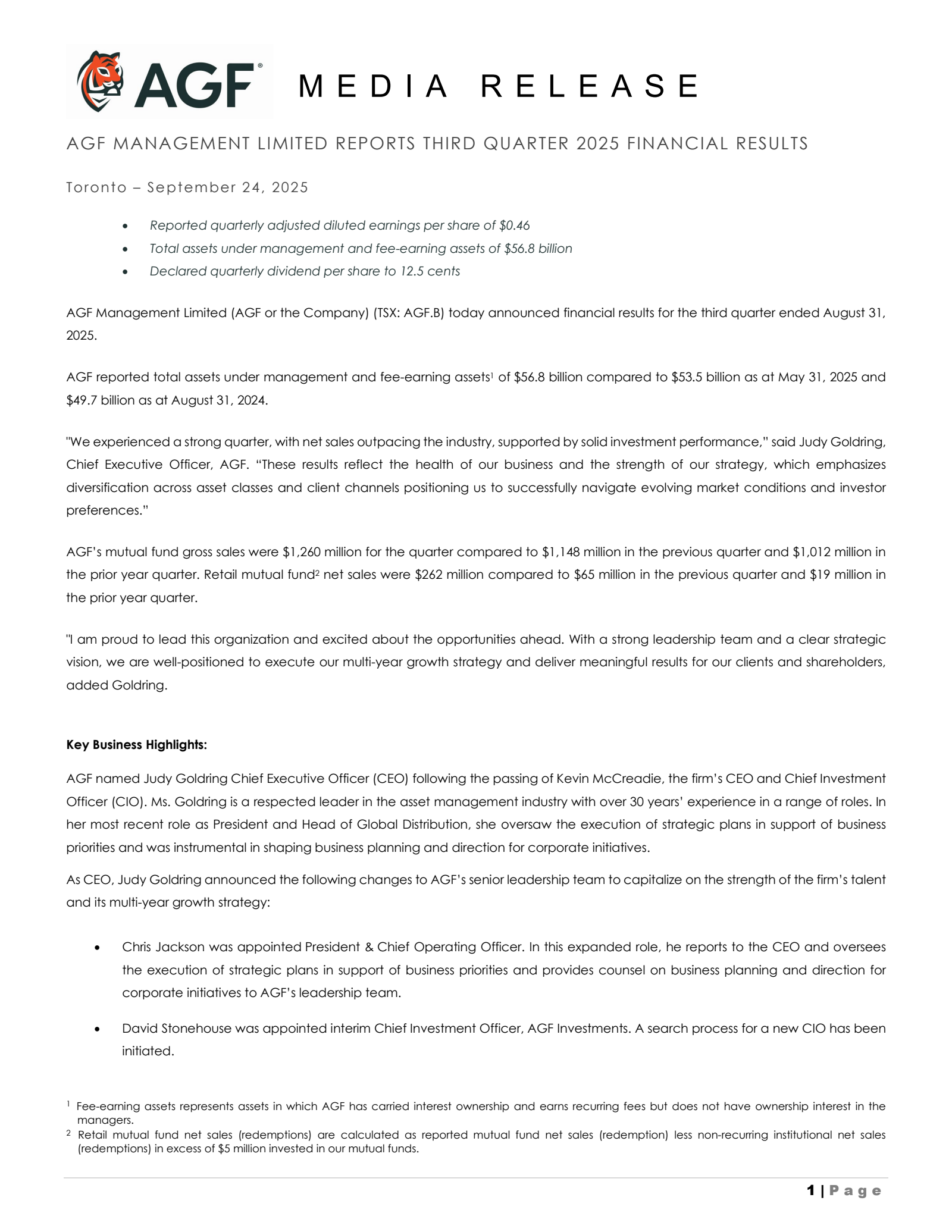 AGF Management's Q3 2025 Earnings Release