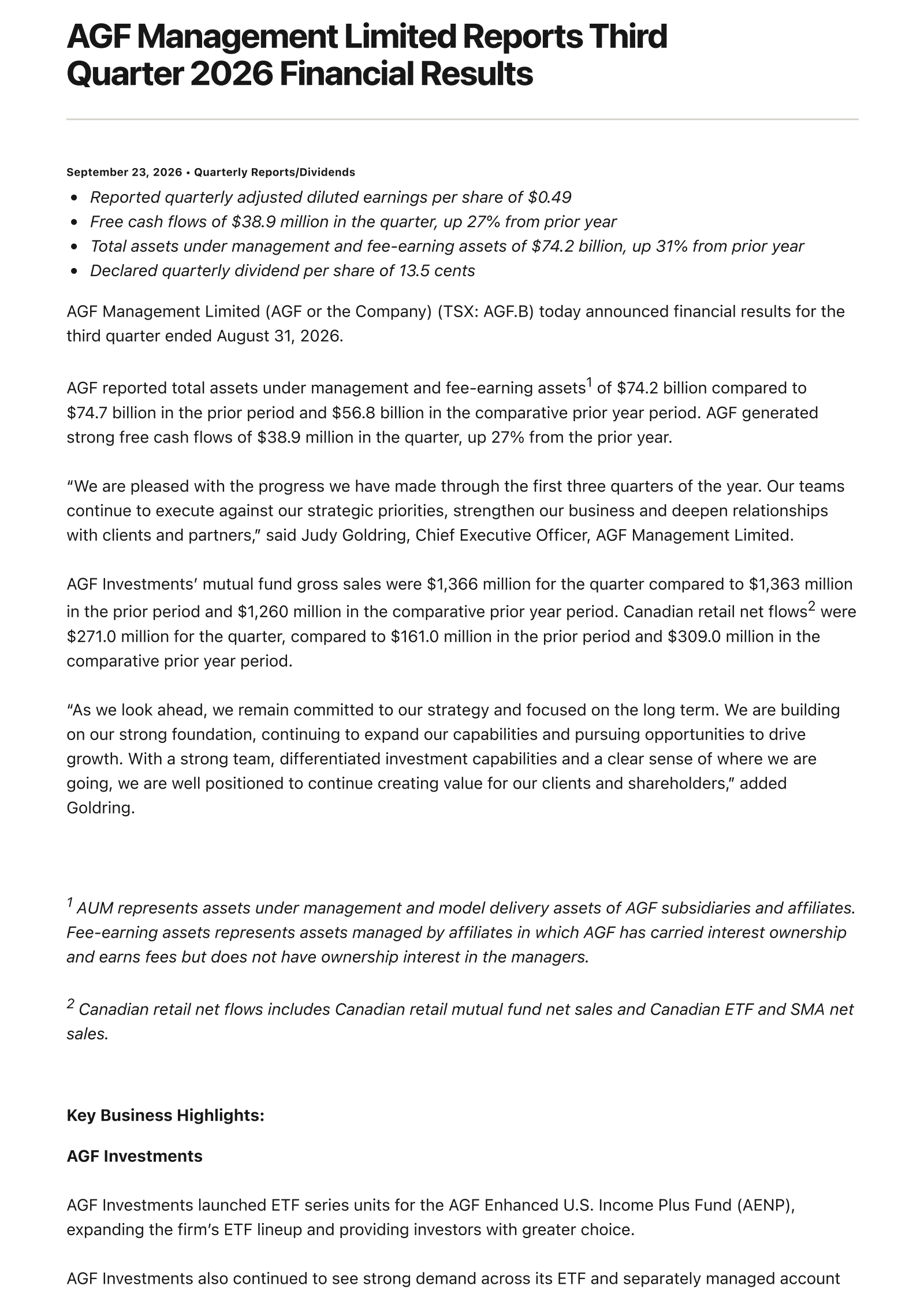 AGF Management's Q3 2026 Press Release