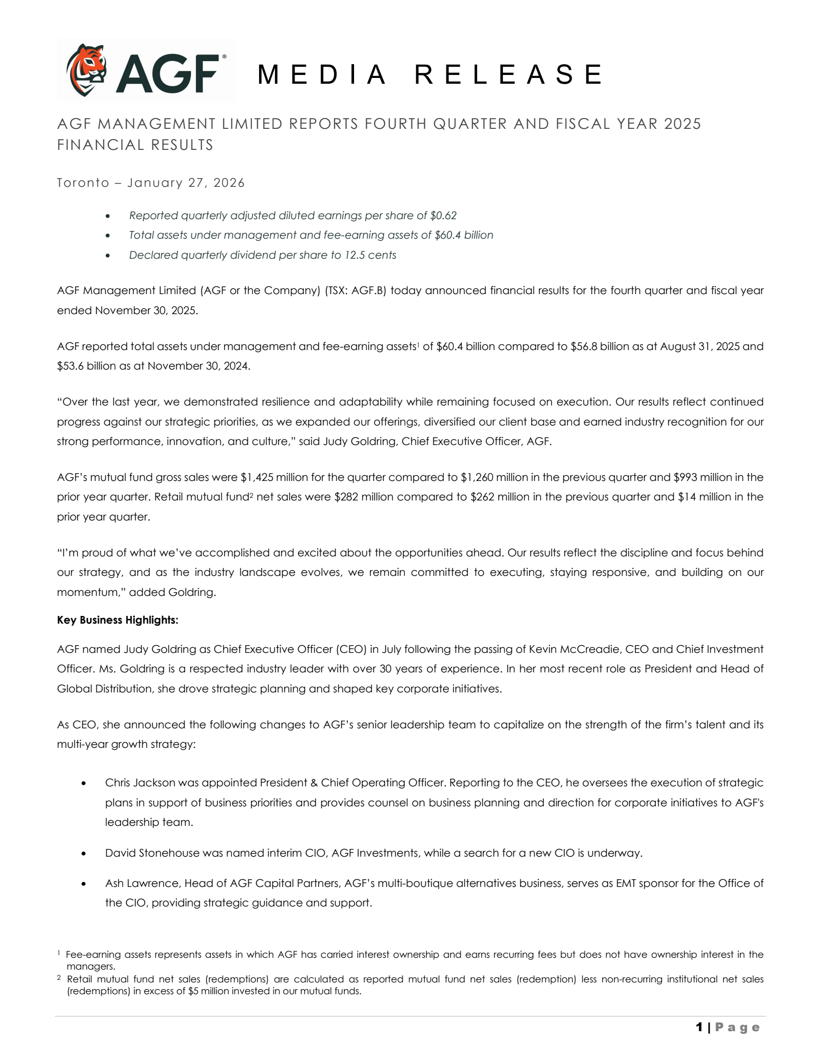AGF Management's Q4 2025 Press Release