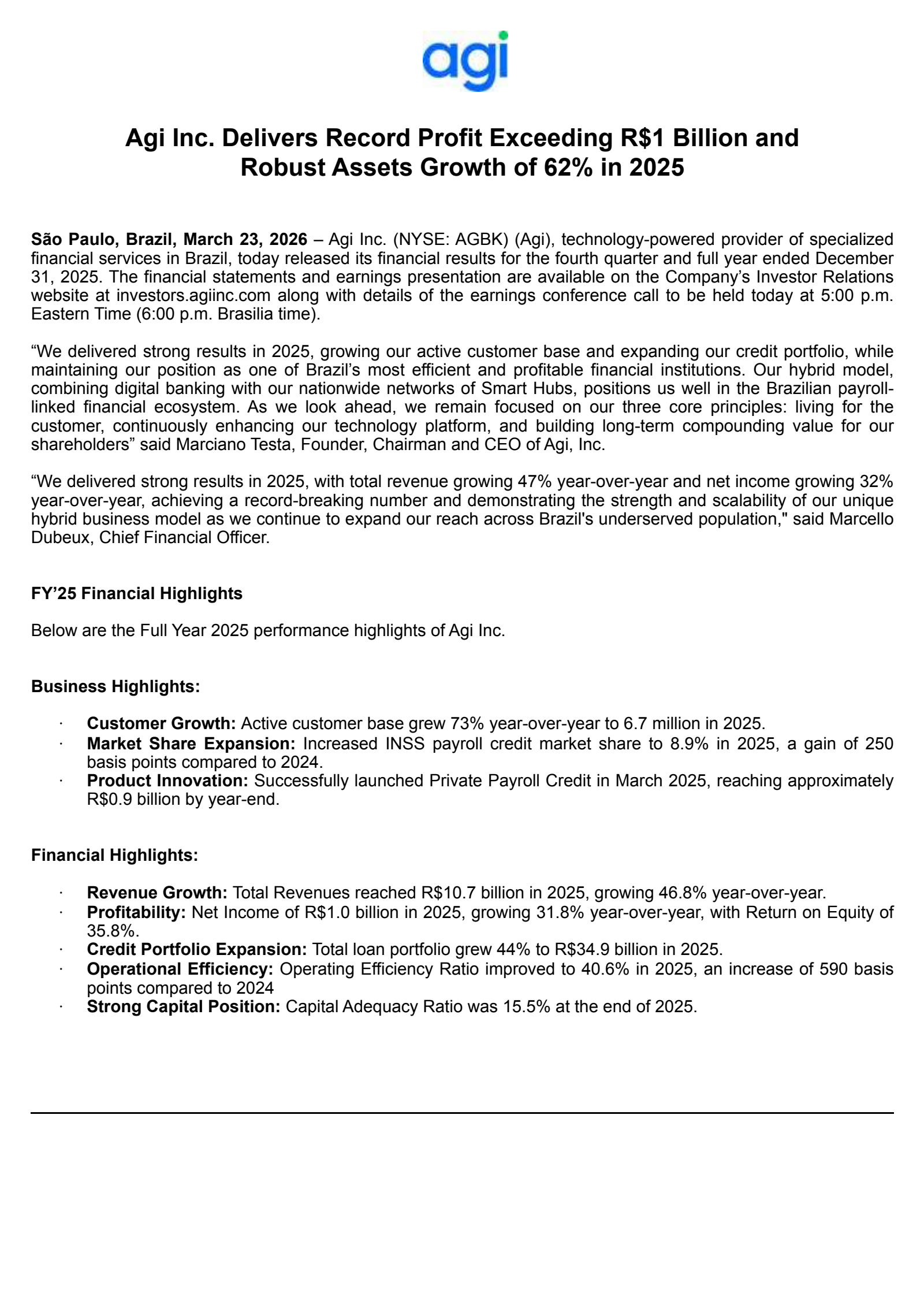 AGI's Q4 2025 Press Release