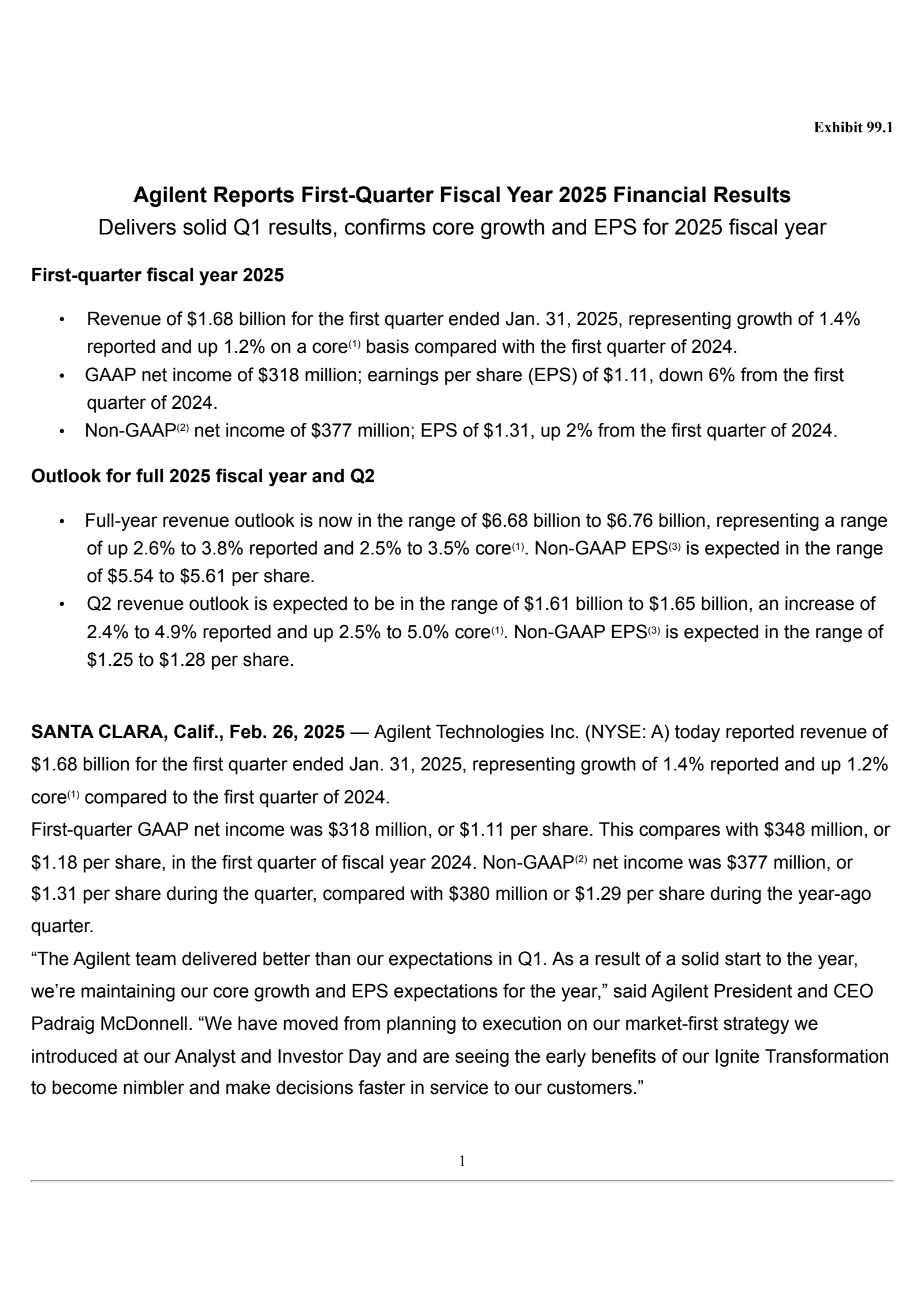 Agilent Technologies' Q1 2025 Press Release