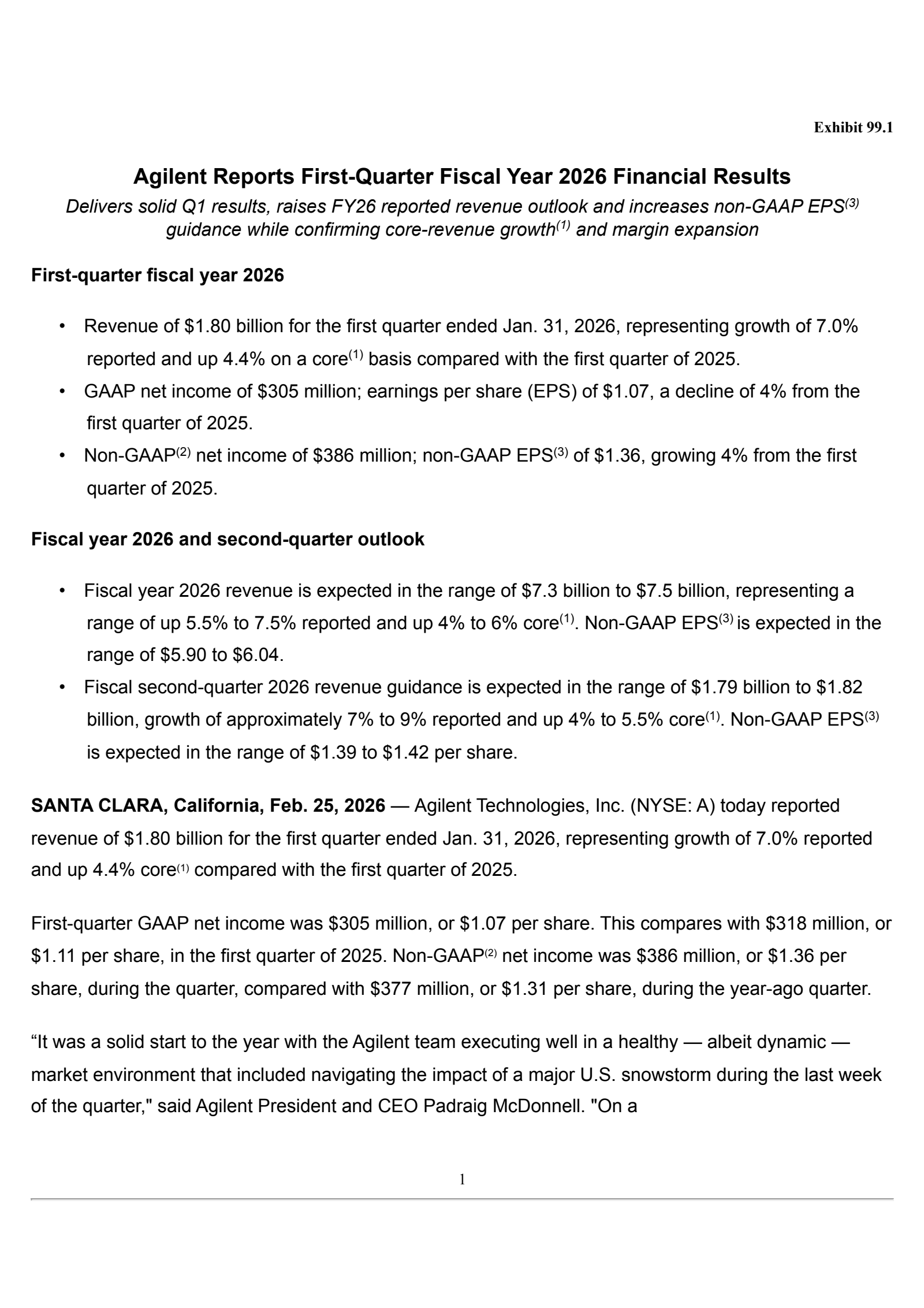 Agilent Technologies' Q1 2026 Press Release