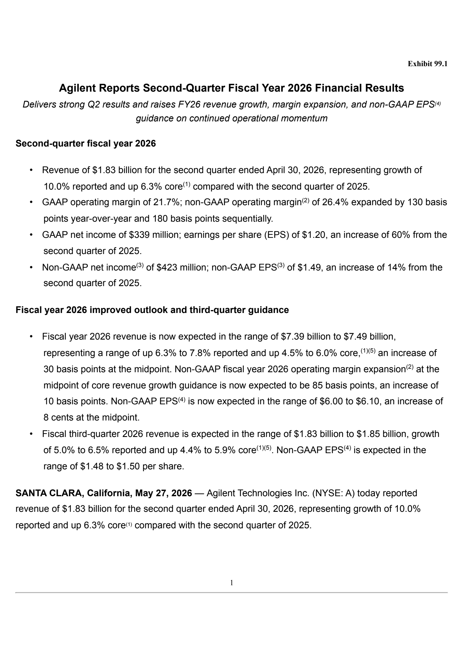 Agilent Technologies' Q2 2026 Press Release