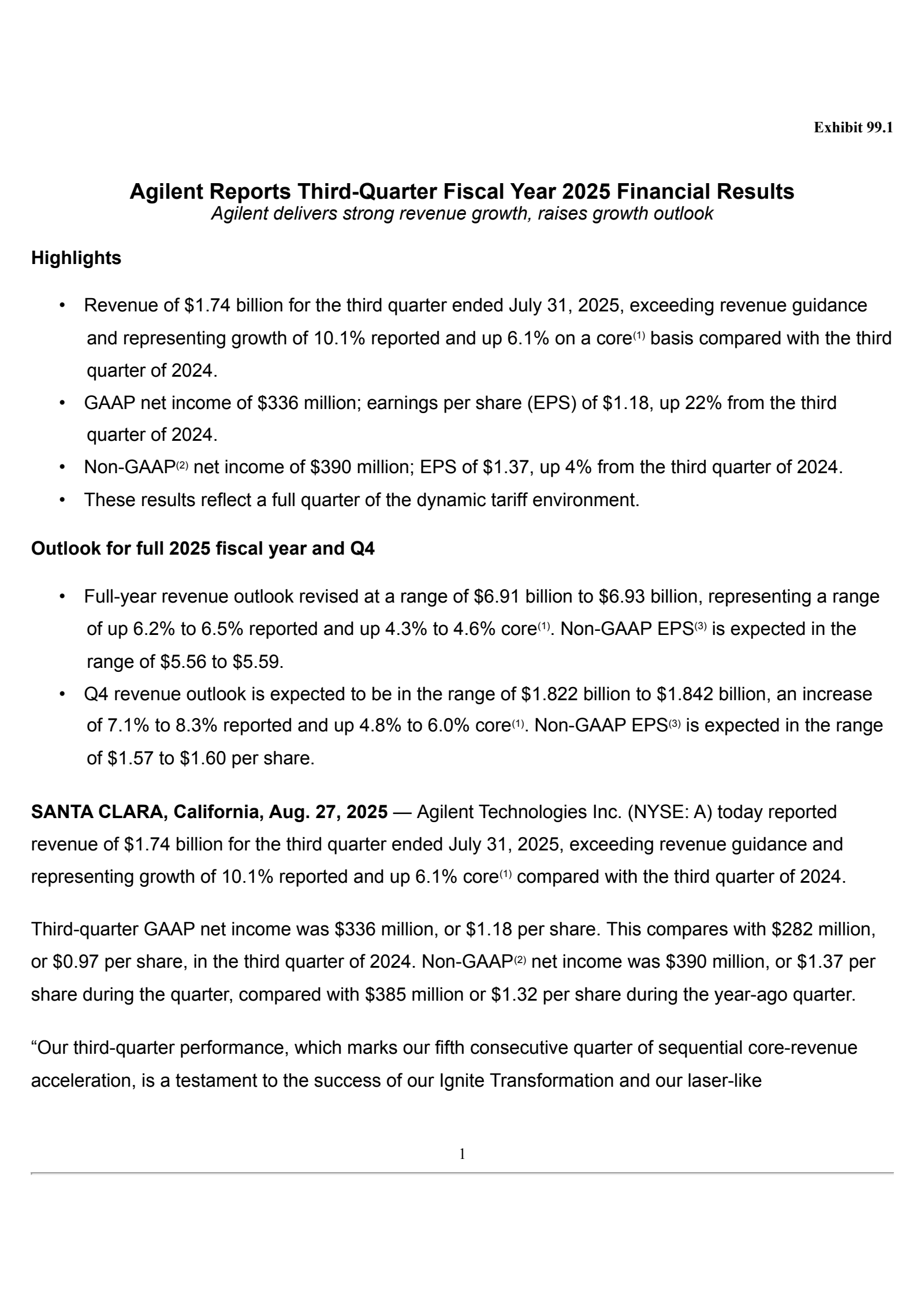 Agilent Technologies' Q3 2025 Press Release