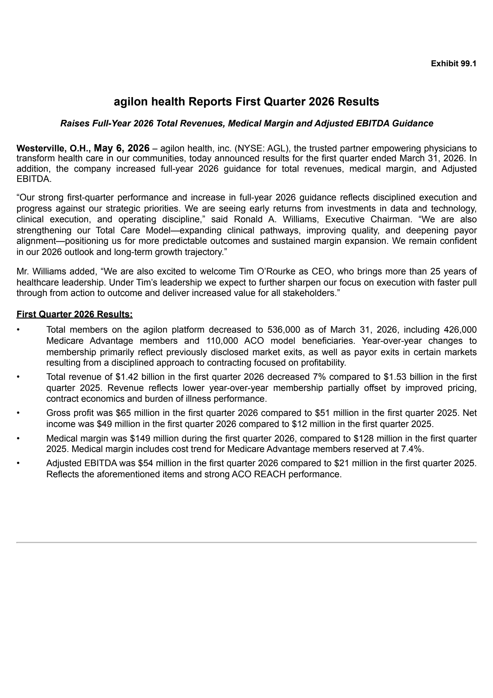 Agilon Health's Q1 2026 Press Release